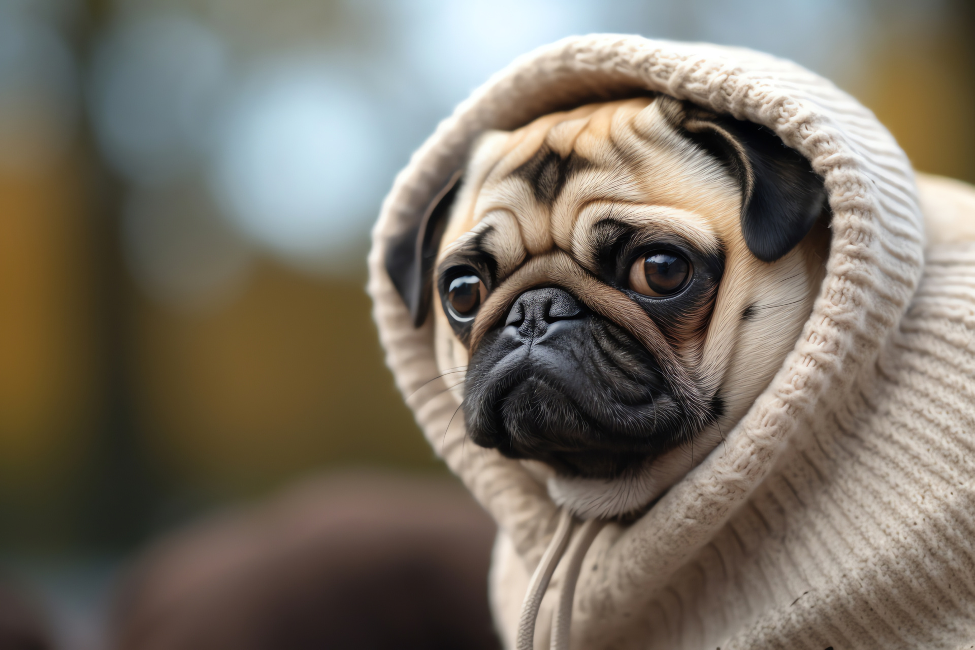 Toy breed, Playful pug expression, Warm dog apparel, Brindled pet, Comforting rest space, HD Desktop Wallpaper