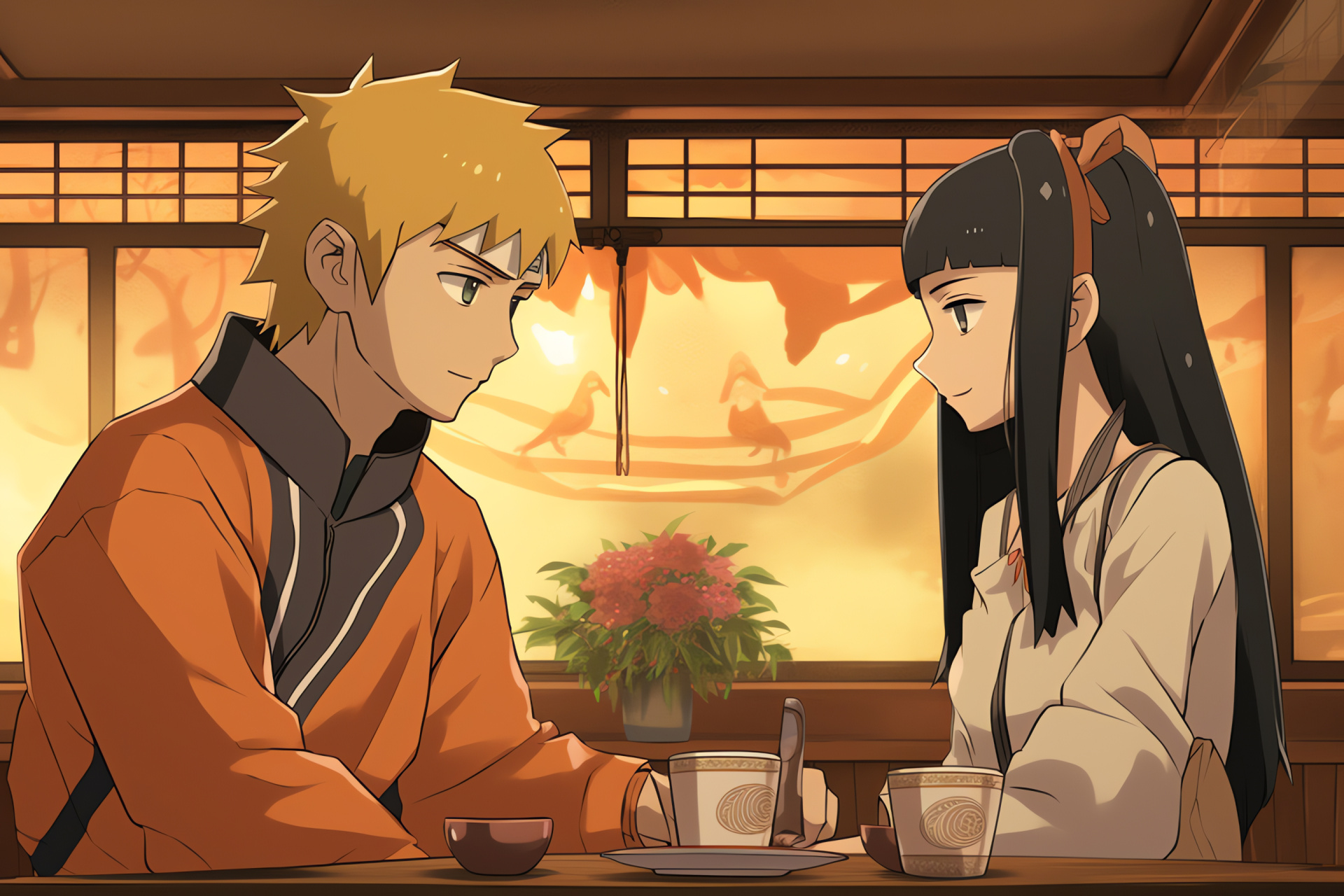 Naruto Uzumaki, Hinata Hyuga detailed portrait, intimate tea setting, peaceful domestic scene, cultural interior design, HD Desktop Image