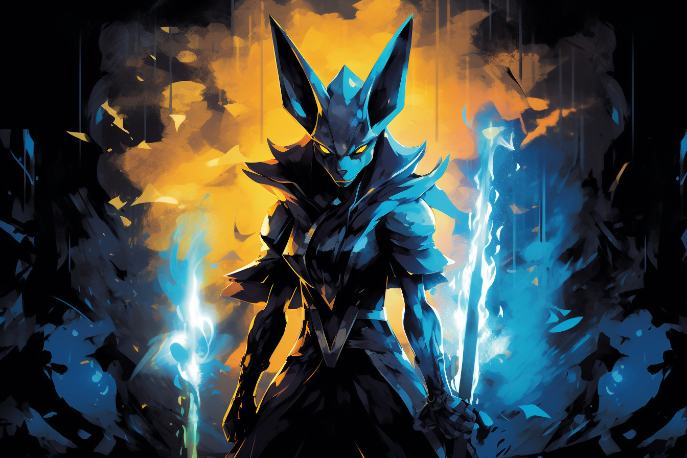 Lucario with staff, Anubis-inspired design, Pokemon in action, Role-playing games, Fan-favorite creature, HD Desktop Image