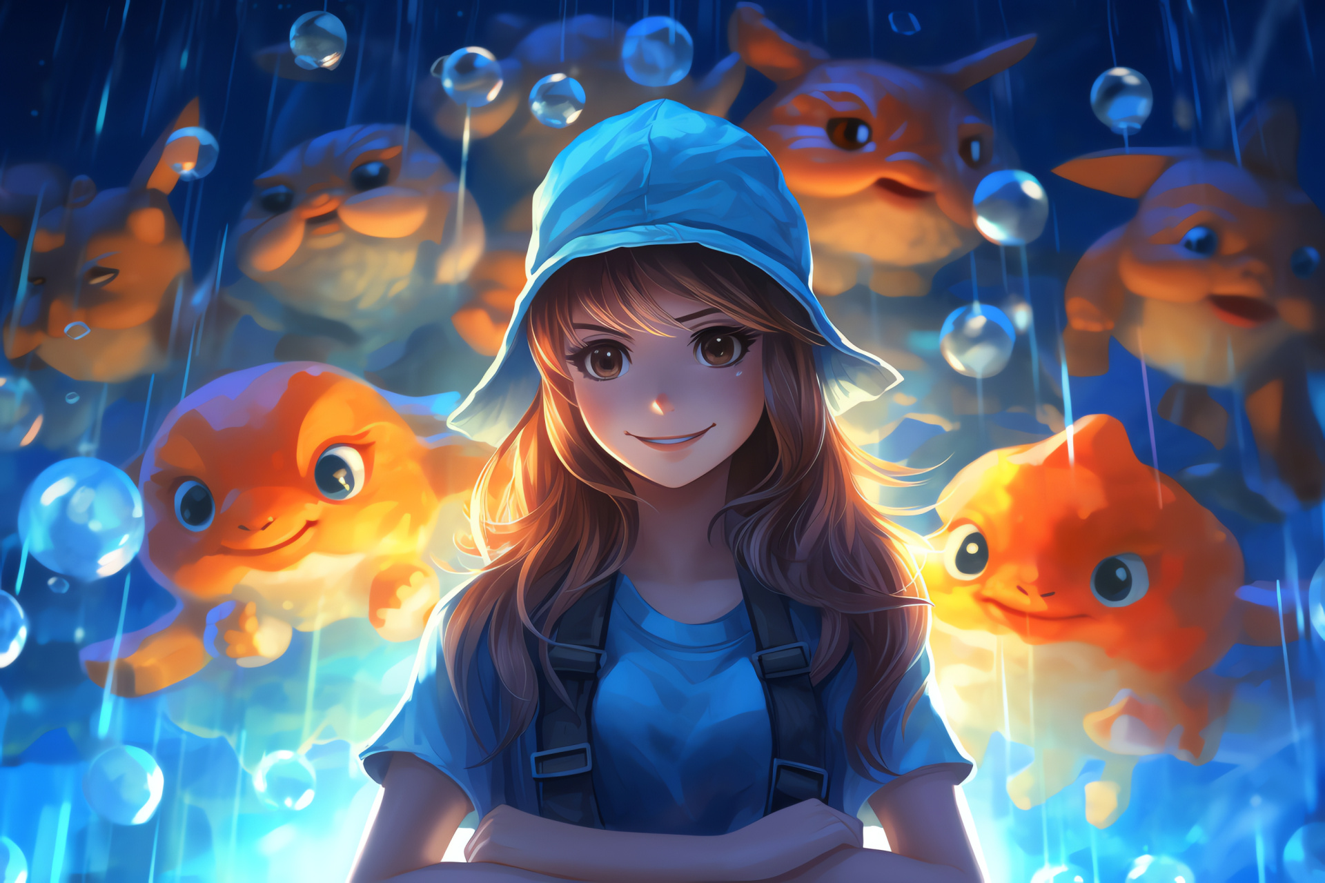 Pokemon character Misty, iconic gym leader, orange hair texture, emerald eyes, yellow tank top attire, HD Desktop Wallpaper