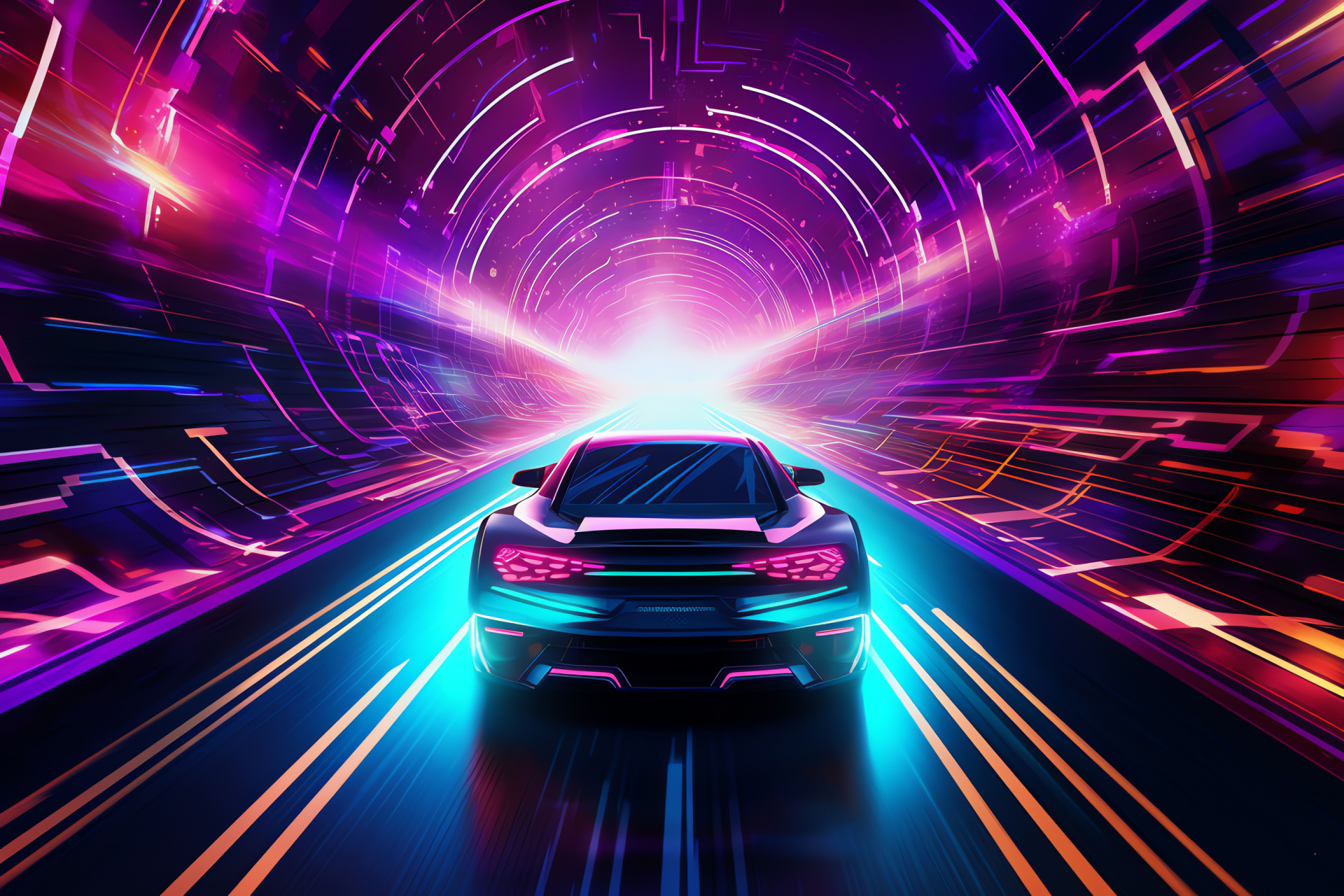 Retro auto styling, urban skyline reinvention, high-flying view, neon ad marvels, atmospheric design, HD Desktop Image