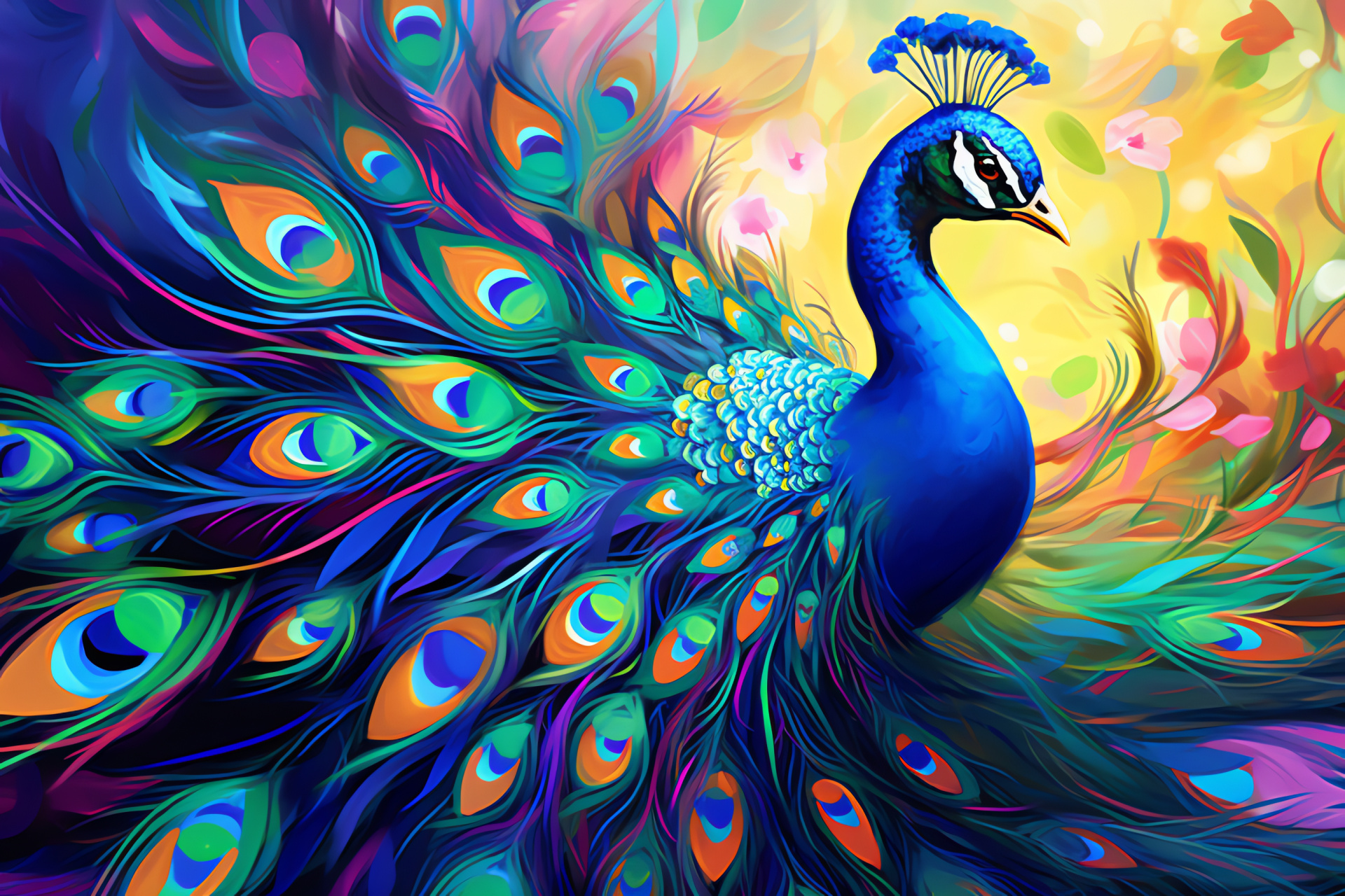 Peacock garden visit, Purple and blue feathers, Green feather accents, Spotted feather eyes, Horticultral habitat, HD Desktop Image