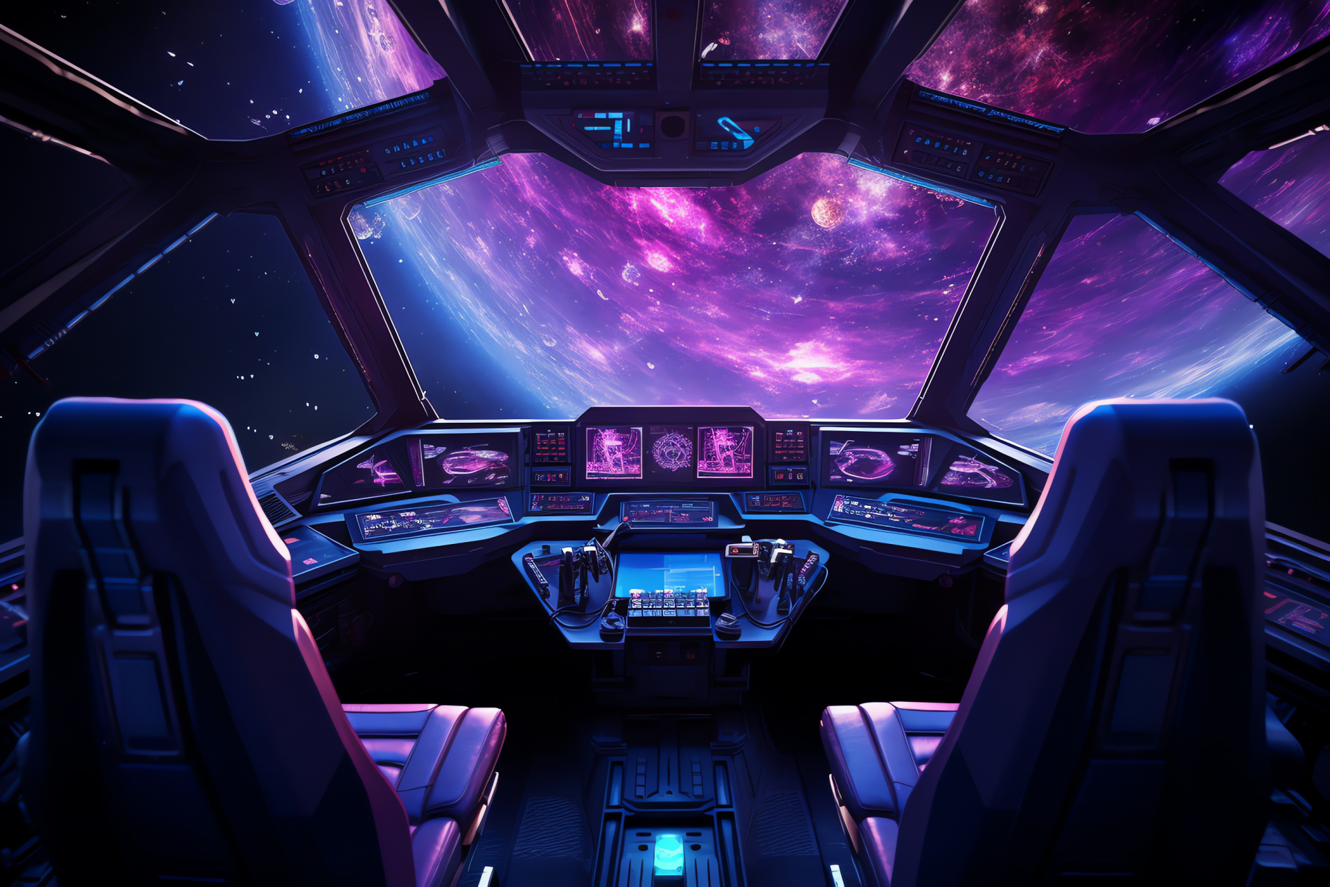 Space vessel bridge, Cosmic journey cabin, Purple nebula ambiance, Navigator viewscreen, Starship controls, HD Desktop Image