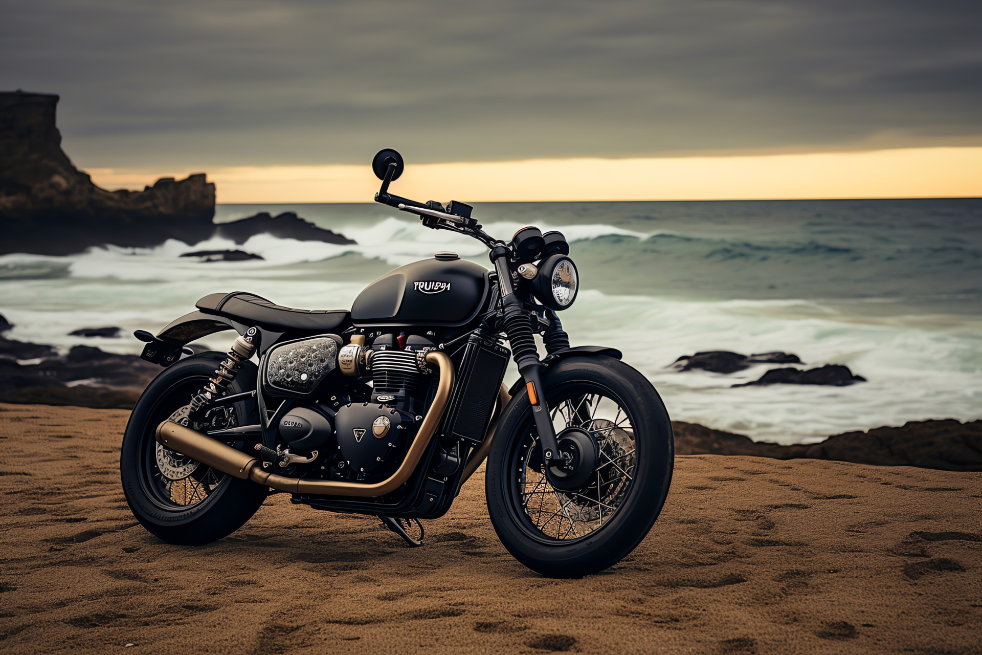 Australian motorcycle scene, Triumph Bobber Black, robust design, Great Ocean coastline, iconic natural landmarks, HD Desktop Image