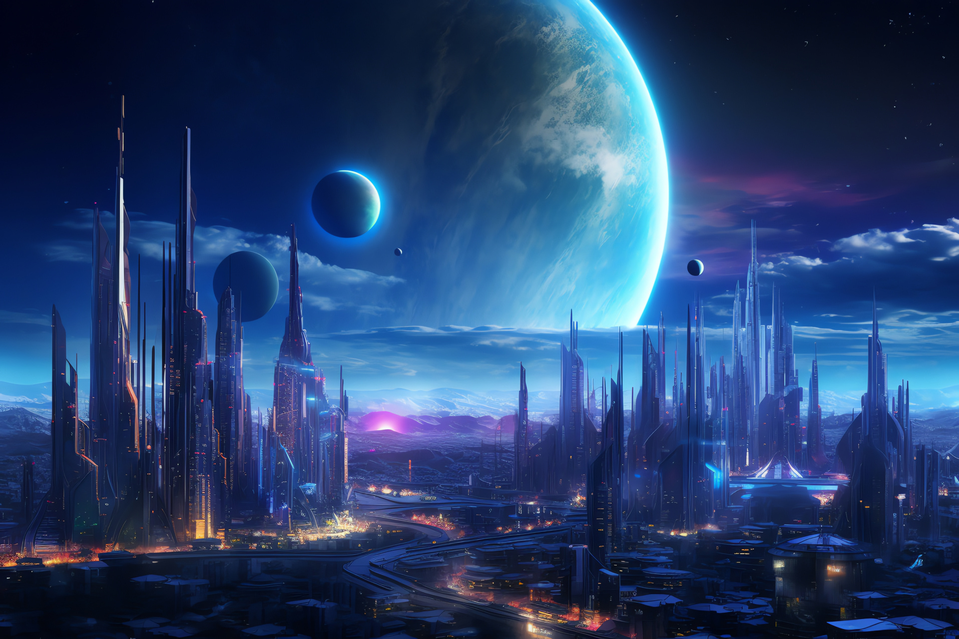 Galactic scape, Moon beyond reach, Urban skyline, Visionary architecture, Neon cosmic glow, HD Desktop Image