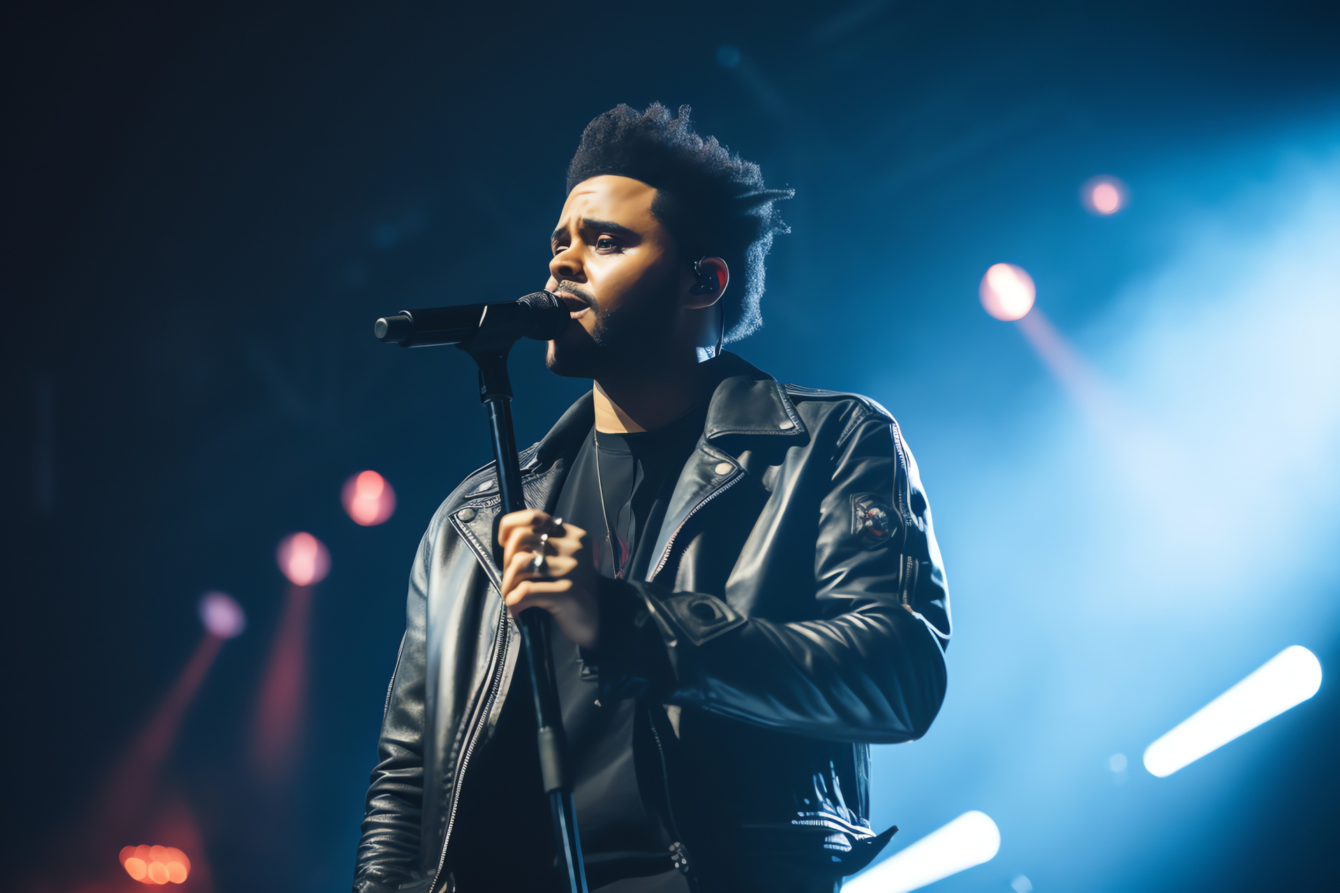 Live show The Weeknd, Musician's gear, Denim apparel, Performer's microphone, Concert venue, HD Desktop Image