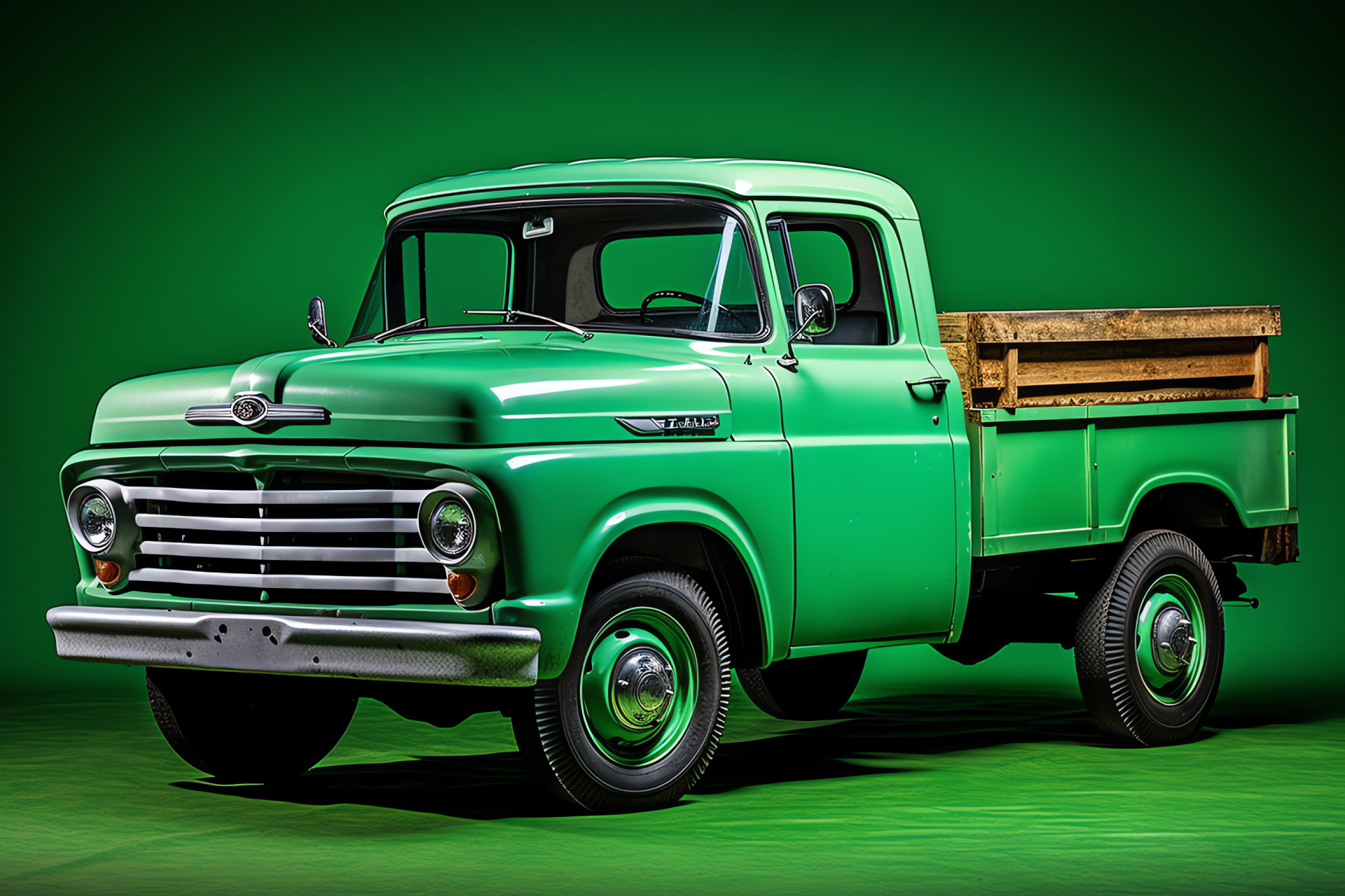 Ford F-750 pickup, Elevated green truck, Vintage automotive collector, Pickup restoration, Classic truck model, HD Desktop Image