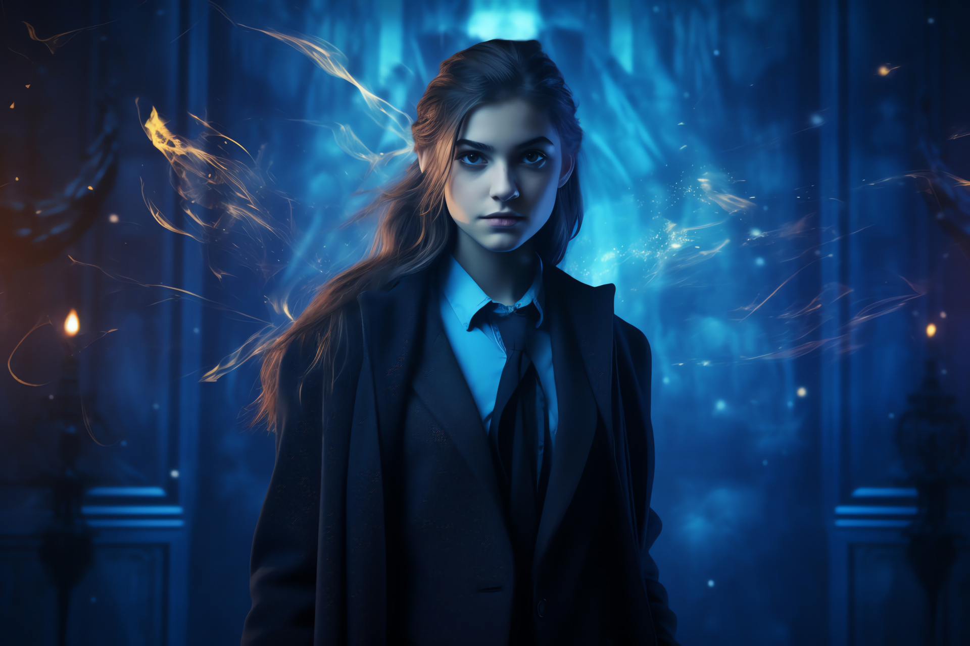 Ravenclaw wizard, Hogwarts notable, Sapphire gaze, Magical wooden wand, Triadic emblem backdrop, HD Desktop Wallpaper