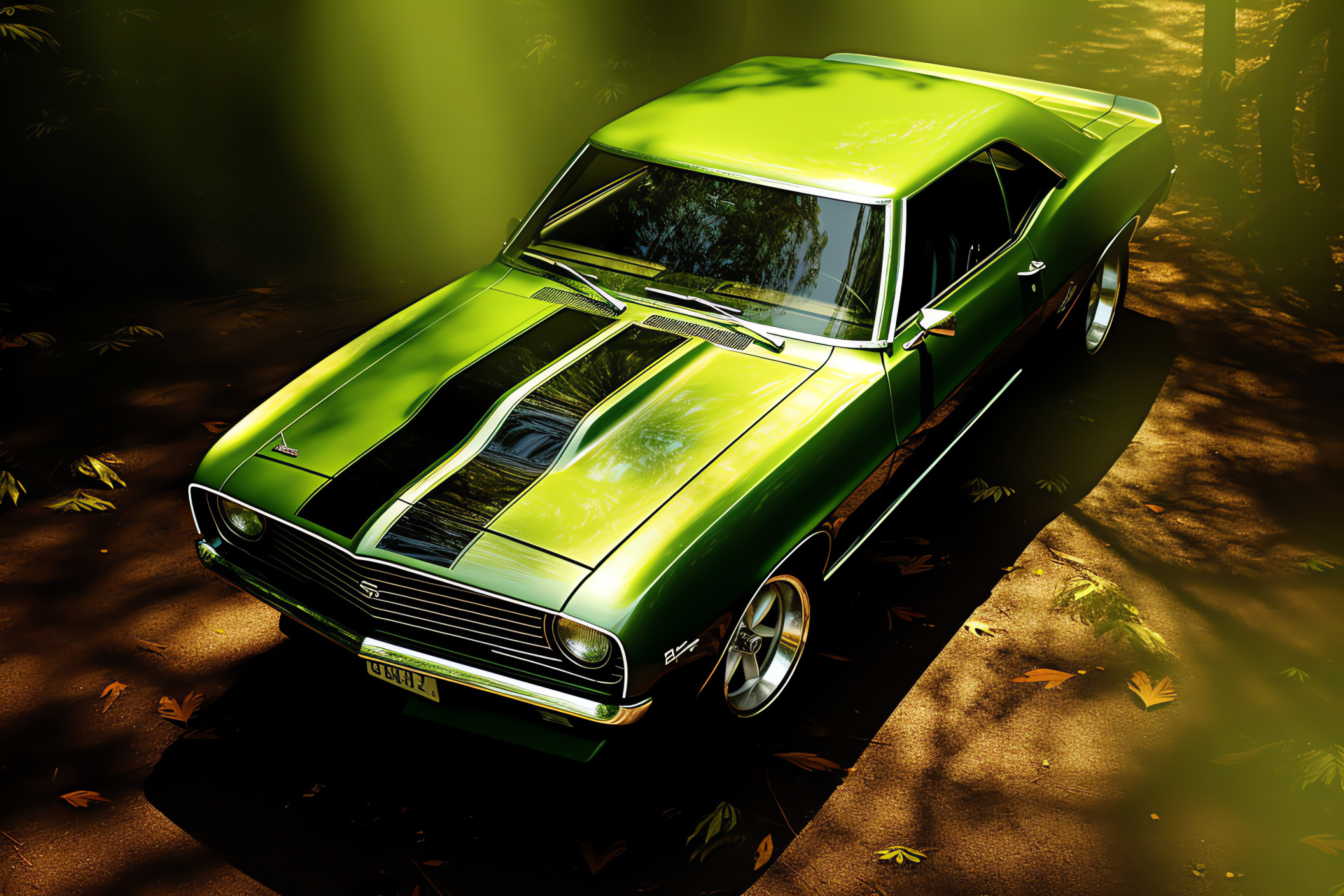 Muscle car presence, Forest panorama, Textured vehicle surface, Lively paint sheen, Outdoor exploration, HD Desktop Image