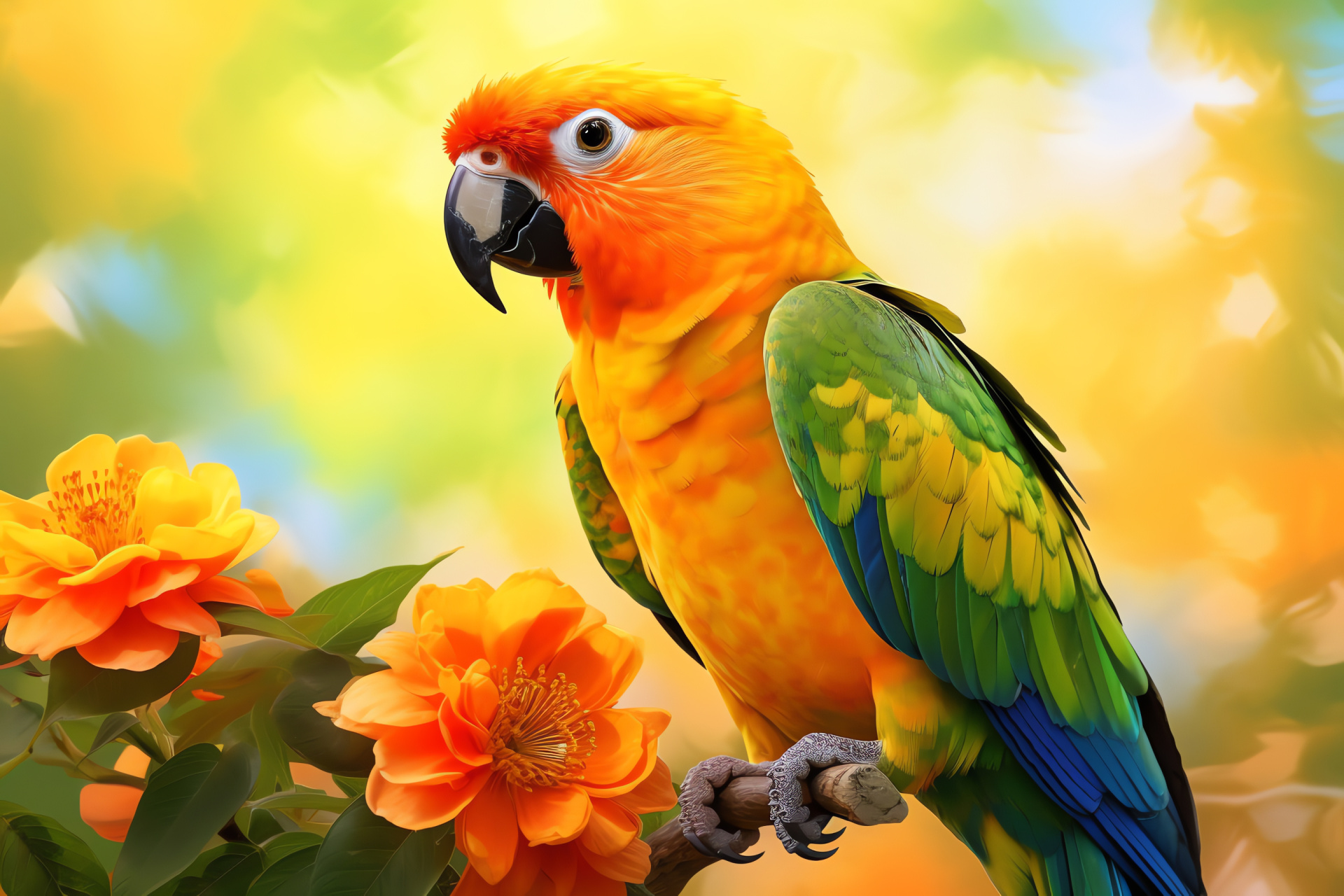 Sun Conure, exotic parrot, flower garden, natural beauty, insect activity, HD Desktop Wallpaper