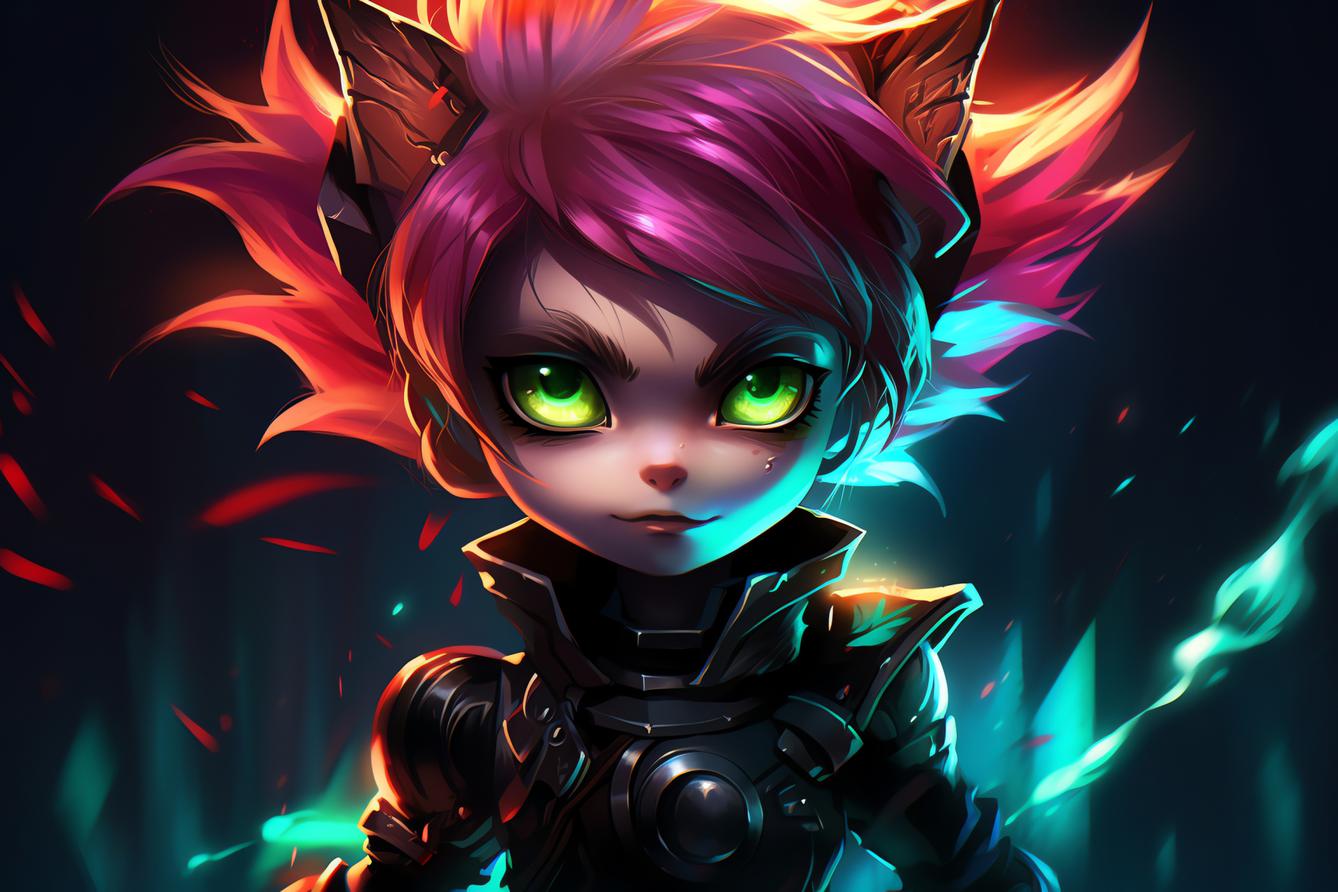 Fiery-haired Tristana, Yordle Sniper, Luminous optic detail, Bright light patterns, Futurist persona, HD Desktop Image