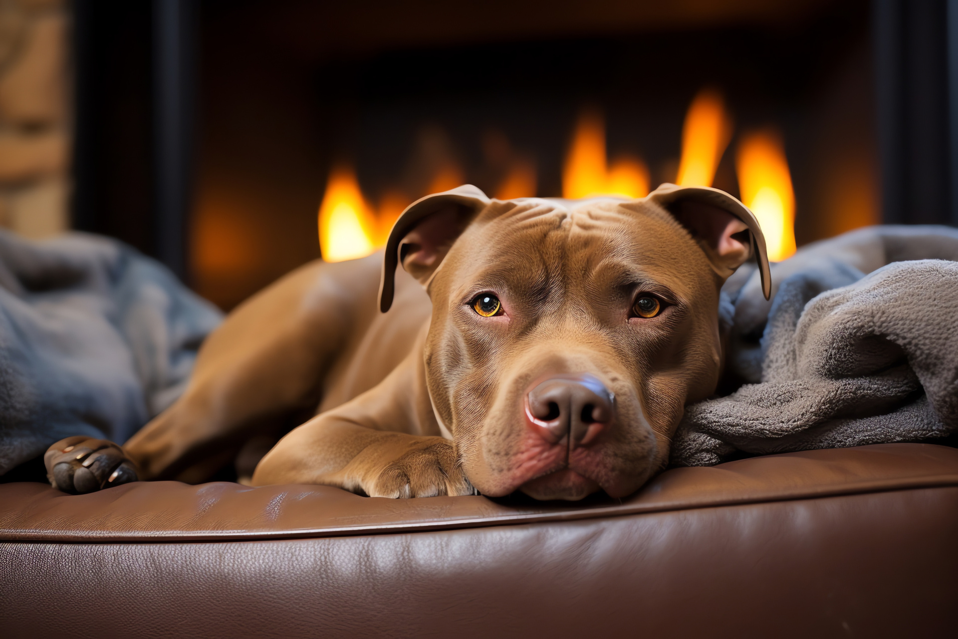 Relaxed Pitbull, Comfortable pet, Chocolate coat dog, Home lounge setting, Warm pet environment, HD Desktop Image