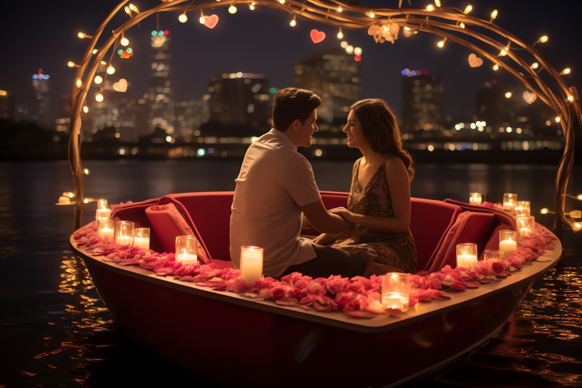 Riverbound romance, Waterfront dining, Illuminated love, Night romance cruise, Serene waterways, HD Desktop Image