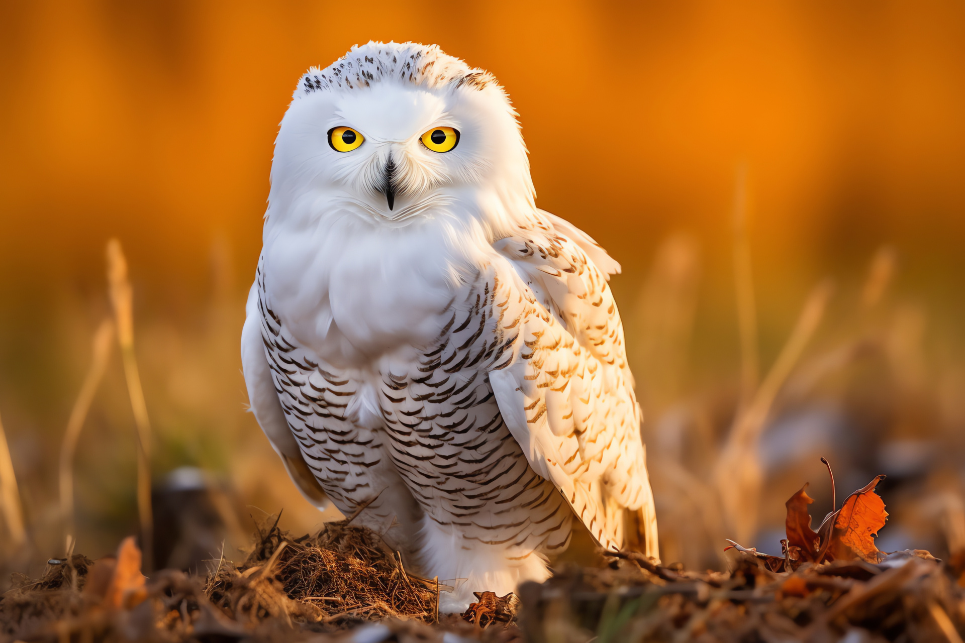 Bubo scandiacus, fiery oculars, arctic camouflage, feather fluffiness, adolescent allure, HD Desktop Image