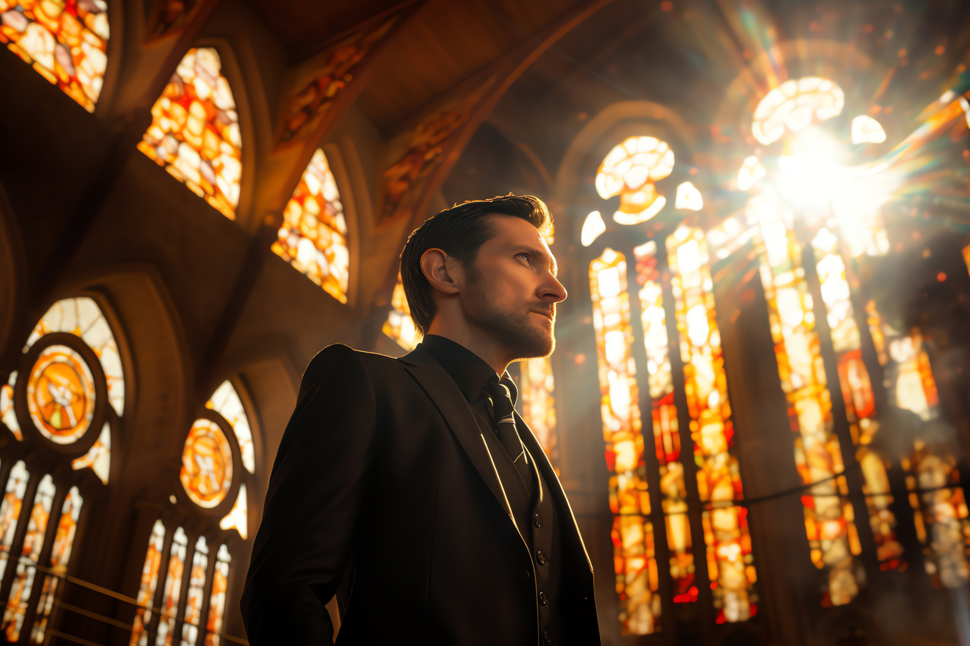 Richard Armitage pose, Medieval cathedral interior, Gothic architecture, Religious stained glass, Film setting, HD Desktop Wallpaper