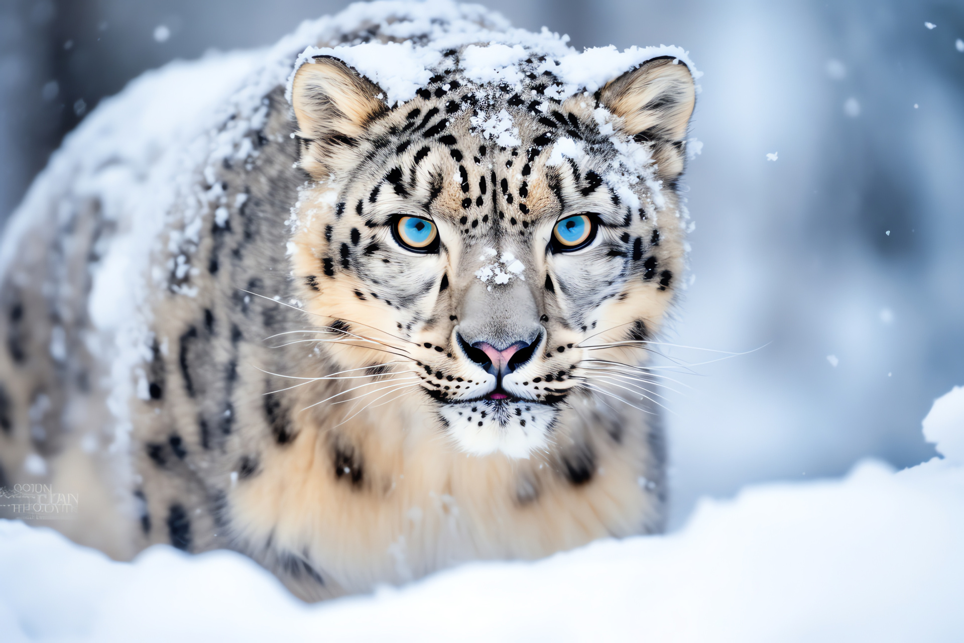 Himalayan beast, icy blue gaze, understated elegance in pelage, alpine patterns, predatory finesse, HD Desktop Wallpaper