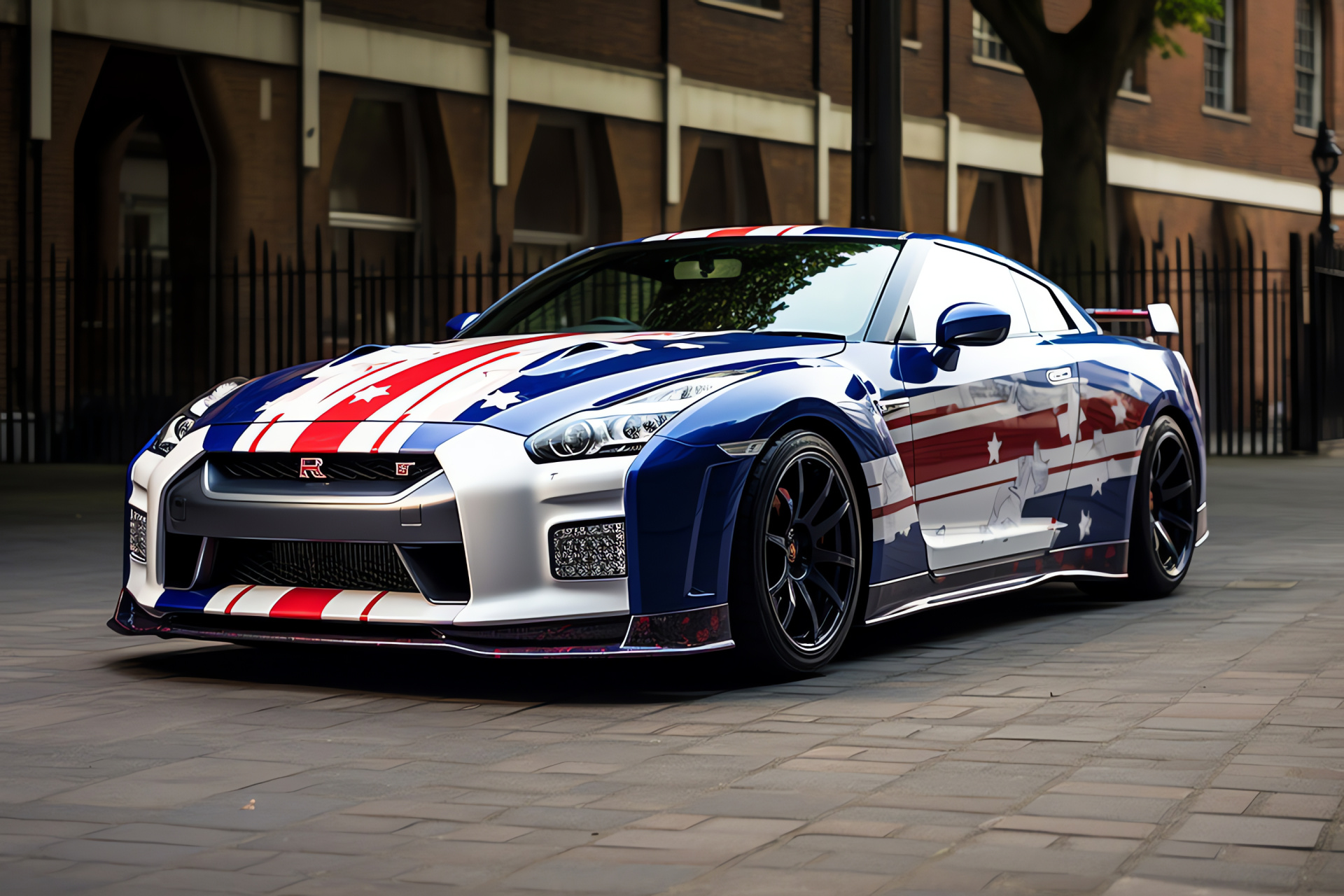 Nissan GTR R35 UK edition, London city streets, British flag design, Bold vehicle styling, Urban landmarks, HD Desktop Wallpaper