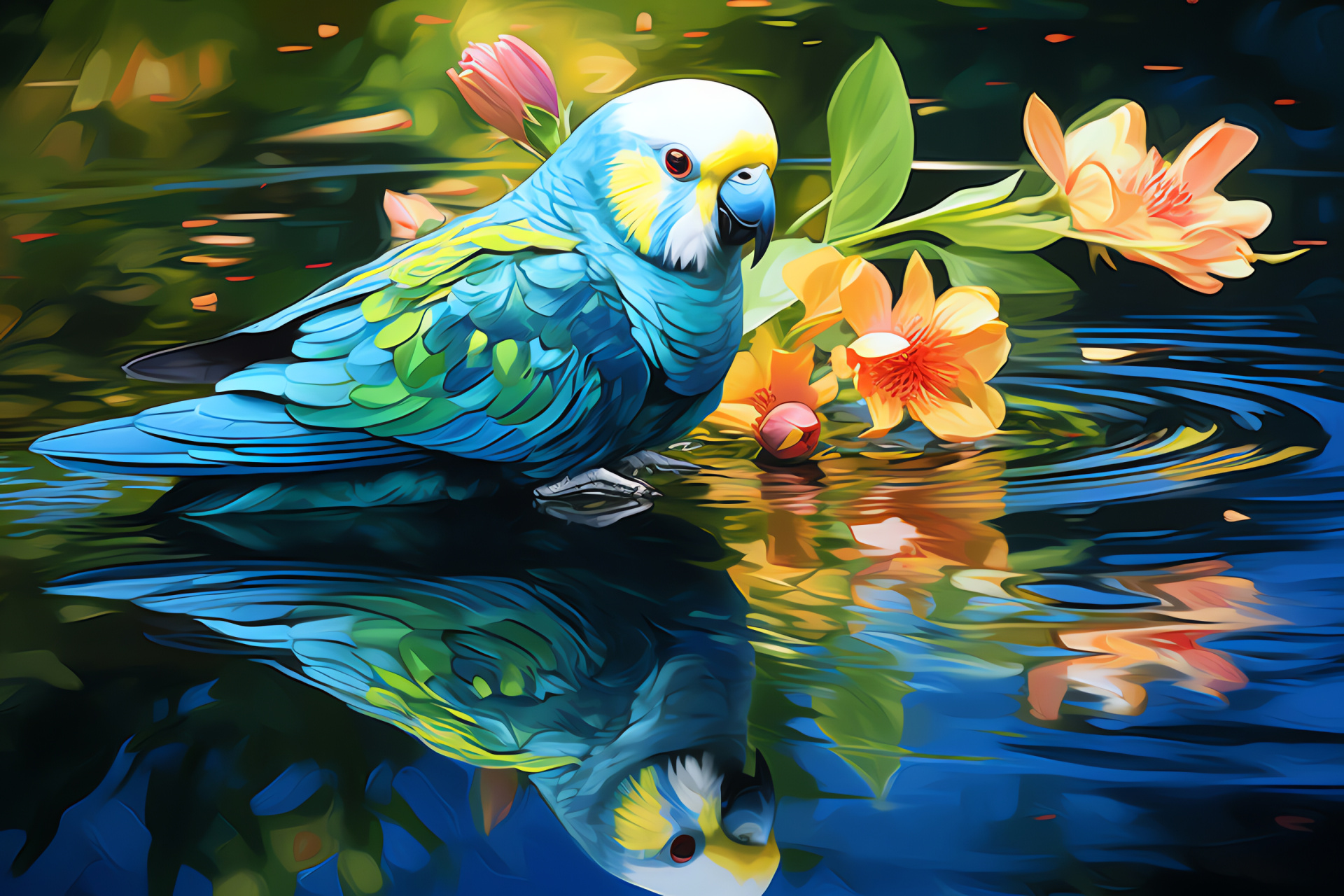 Parakeet, Turquoise feathered bird, Sapphire avian eyes, Aquatic water lily, Garden wildlife habitat, HD Desktop Image