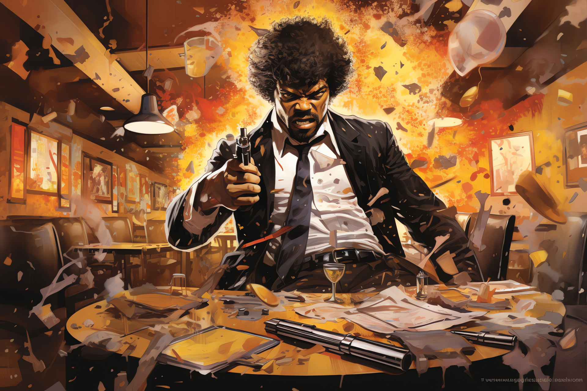 Pulp Fiction, Jules Winnfield, Chaos in diner, Quentin Tarantino film, Cult classic scene, HD Desktop Wallpaper