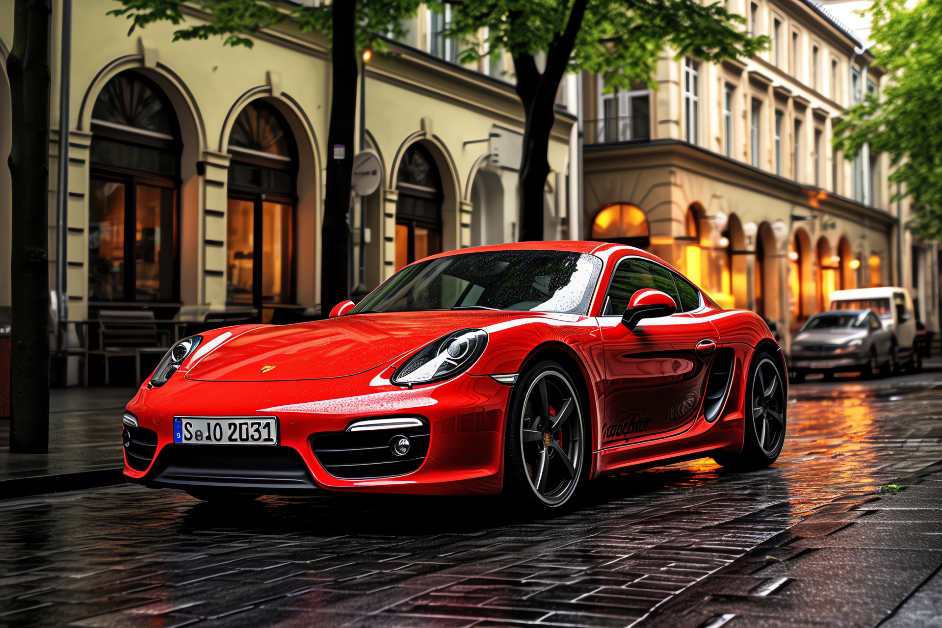 Porsche Cayman Berlin, Model S variant, Radiant red polish, German capital streets, Urban dynamism, HD Desktop Image