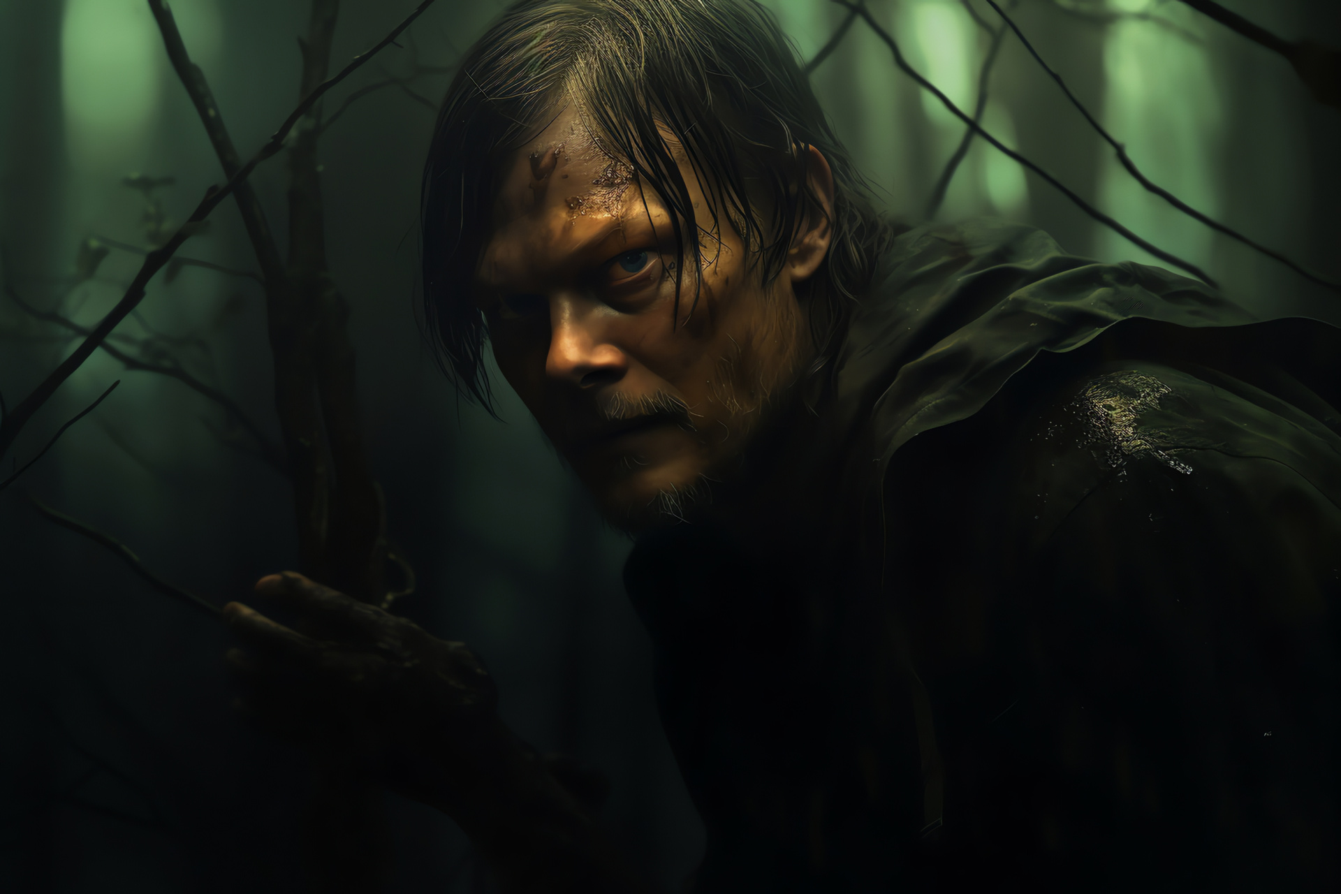 Forest nightshoot, Sinister ambience, Glowing ocular effect, Actor Norman Reedus venture, Dark thriller, HD Desktop Wallpaper