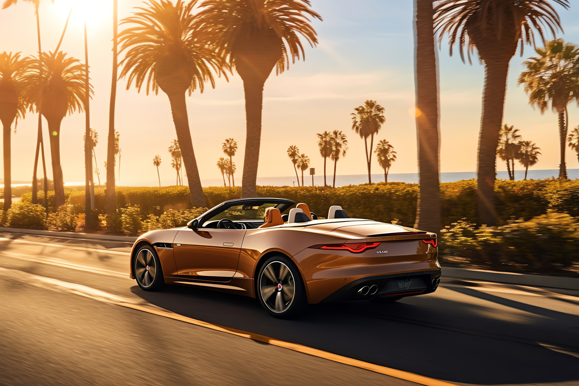 Jaguar F-Type, Open-top driving, California cruising, Ocean road, Tropical setting, HD Desktop Image