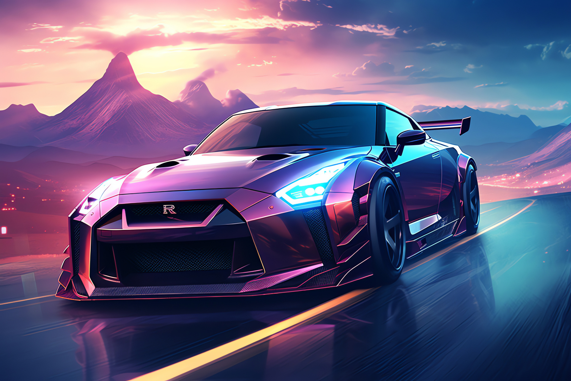 Nissan GTR Liberty Walk, Birds-eye roadway view, Expansive natural vistas, Advanced vehicle concept, Seamless environment integration, HD Desktop Wallpaper