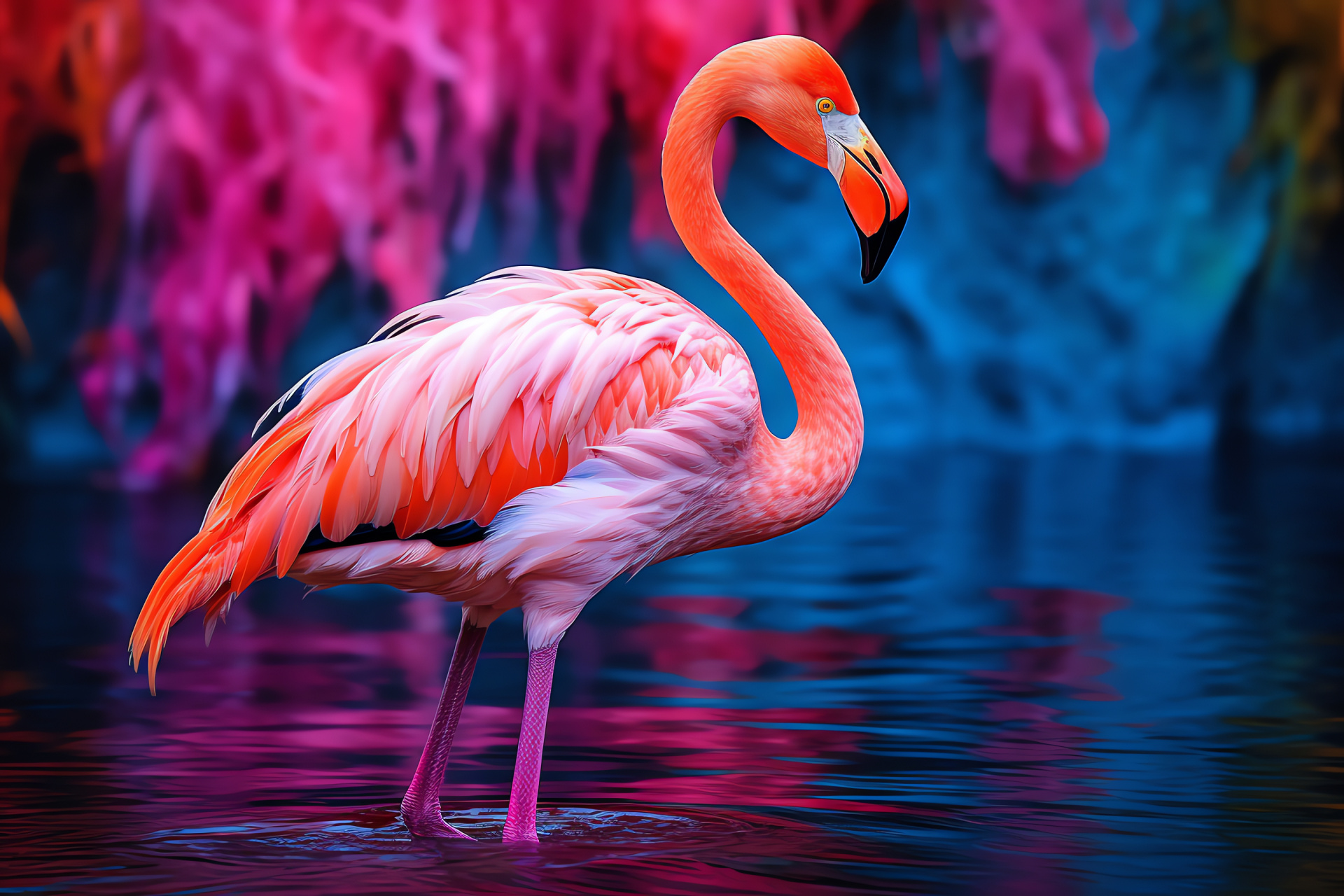 Pink flamingo, exotic bird, wading waterfowl, elegant posture, wildlife species, HD Desktop Wallpaper