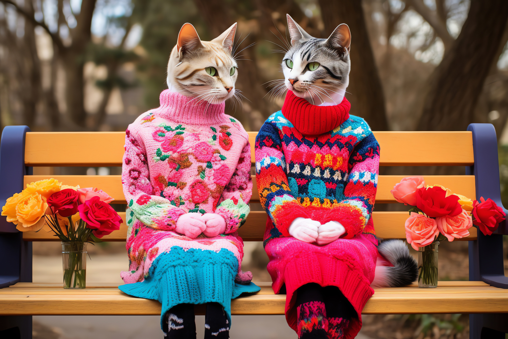 Festive feline love, Valentine holiday, Restful park seating, Romantic knitwear, Floral festivity, HD Desktop Wallpaper