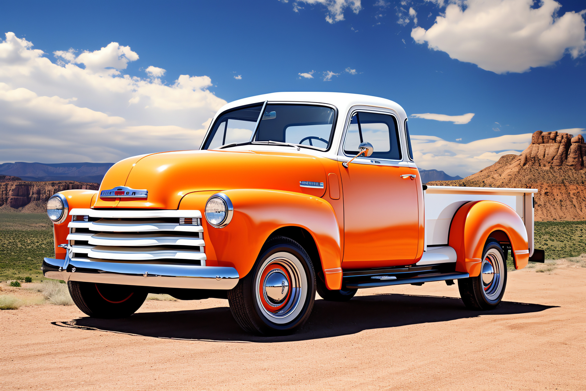 Chevrolet Cheyenne truck, Classic vehicle design, Wide body frame, Orange hue, White canvas, HD Desktop Wallpaper