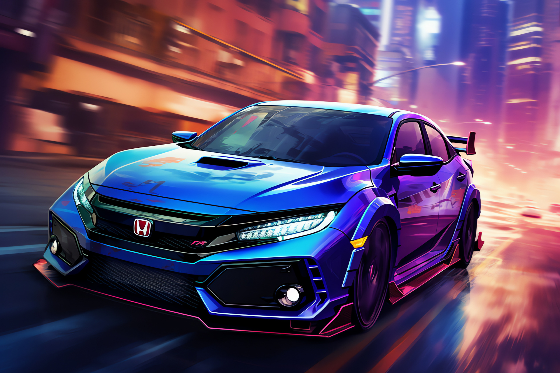 Honda Civic Type R, Dynamic cityscape, Urban art murals, Hatchback aesthetics, Sporty blue finish, HD Desktop Image