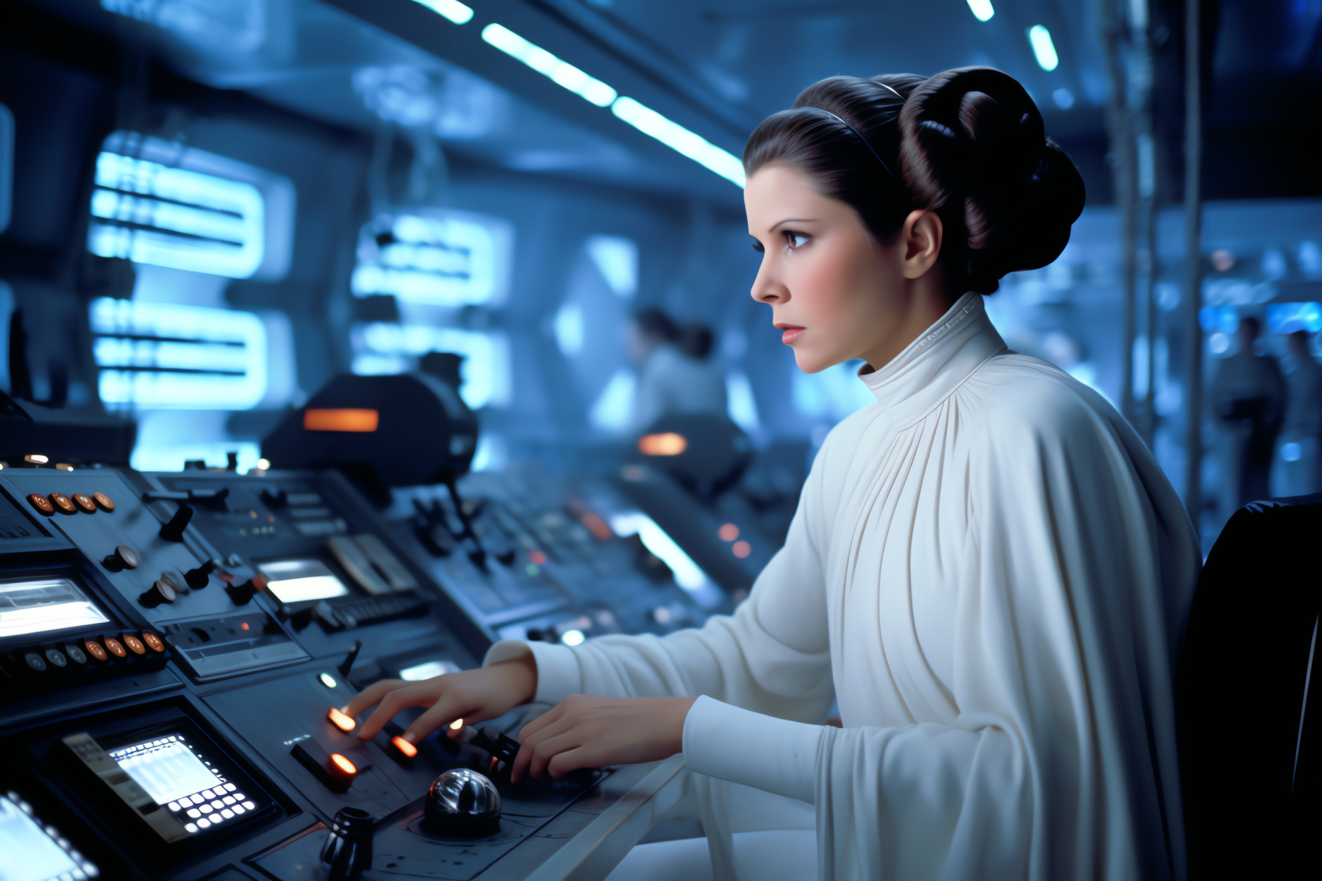 Princess Leia, Leadership aura, Command bridge, Starship navigator, Galactic battle, HD Desktop Wallpaper