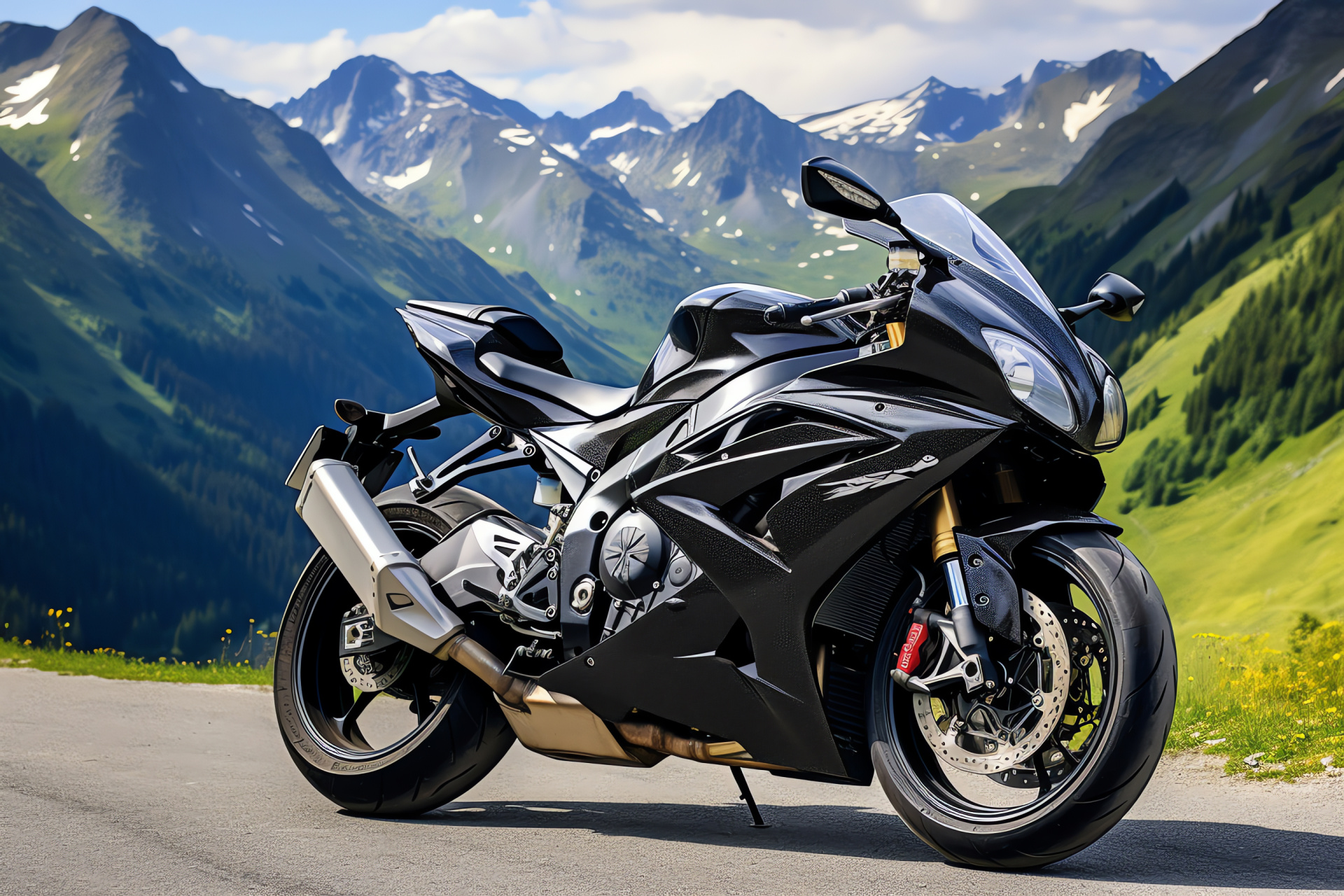 Suzuki GSXR 750, Swiss Alps touring, Mountain road escapade, Panoramic motorcycle journey, Alpine routes, HD Desktop Image