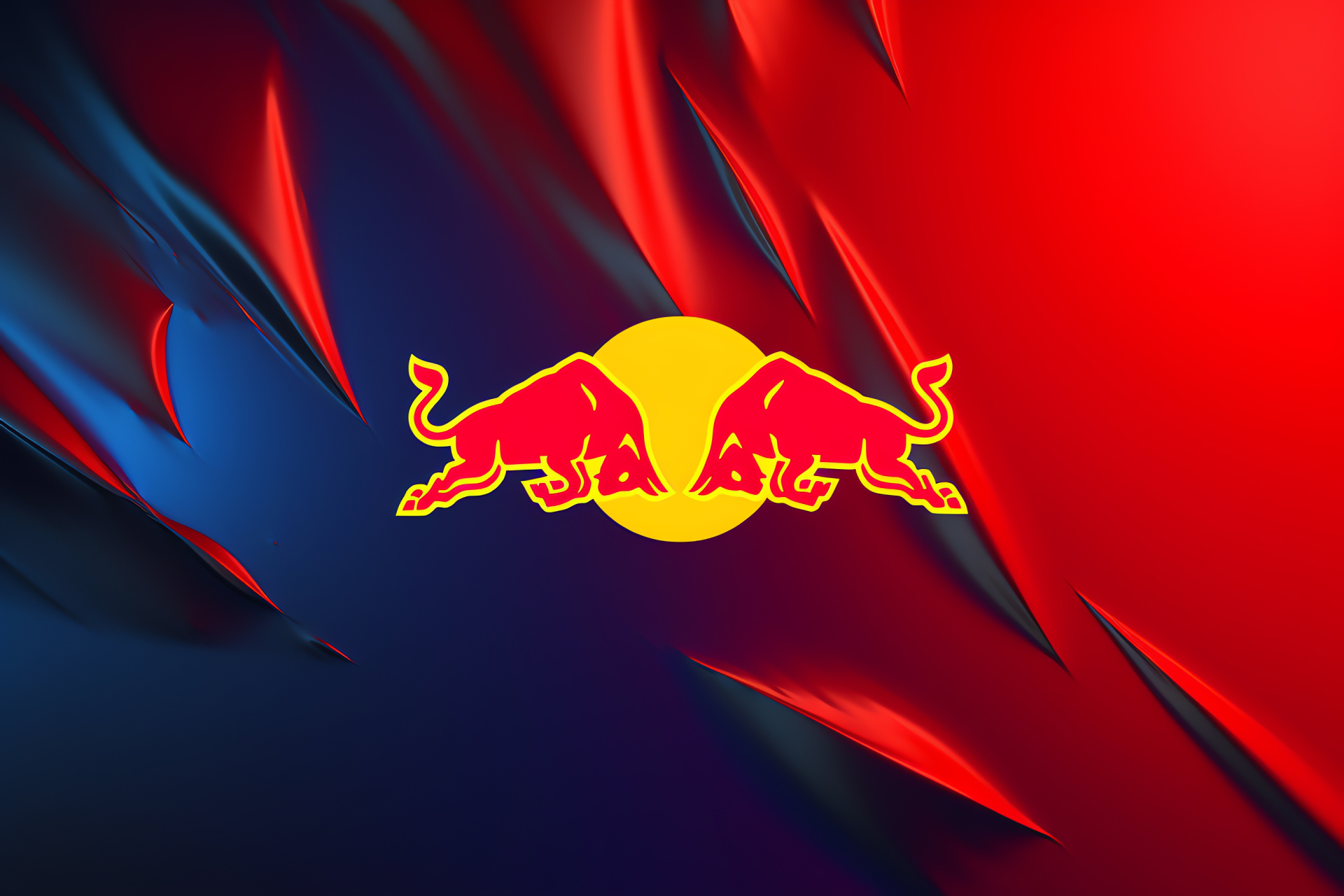 Red Bull insignia, Animated bull icon, Intensity look, Popular energy drink, Fiery brand, HD Desktop Wallpaper