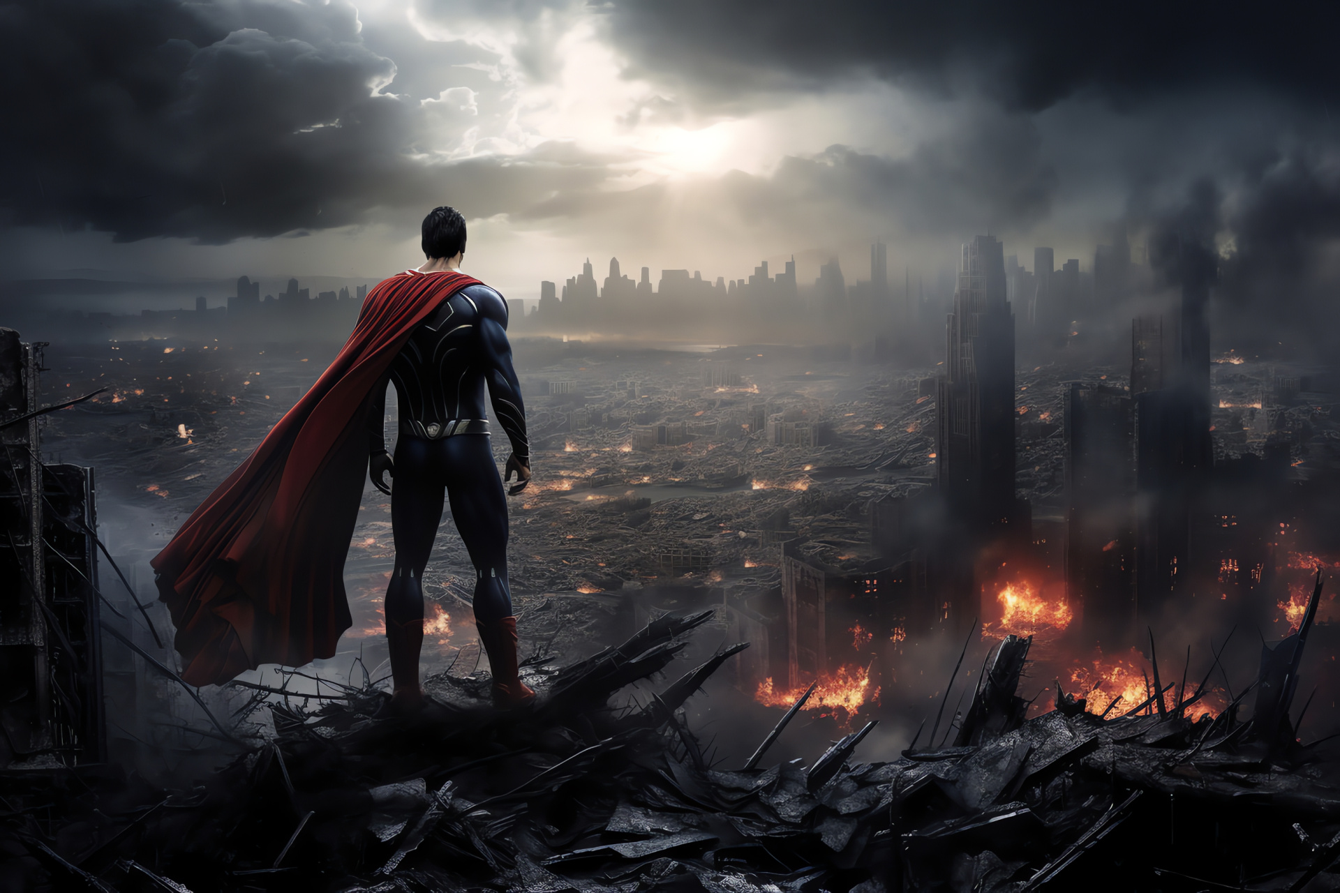 Comic book Superman, Chaos aftermath, Intense battle, Thick smoke, Scattered rubble, HD Desktop Wallpaper