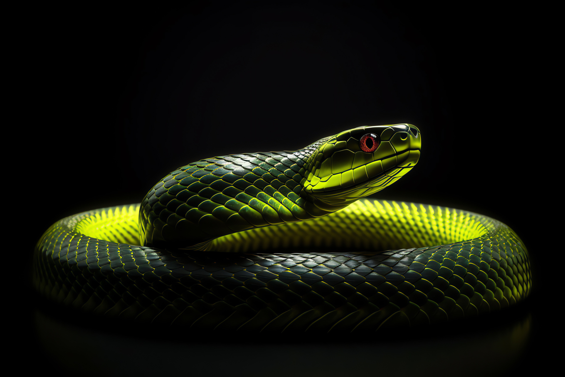 Vivid Neon Snake, Iridescent yellow, Serpent motion, Dark monochrome background, Neon intensity, HD Desktop Image