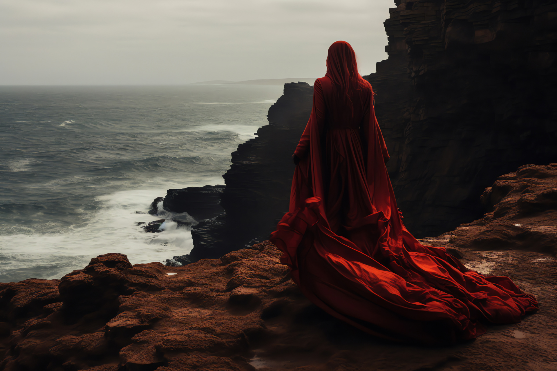 Red Priestess Melisandre, Carice van Houten role, Westeros coastline, Red priestess garb, Elemental fire, HD Desktop Image
