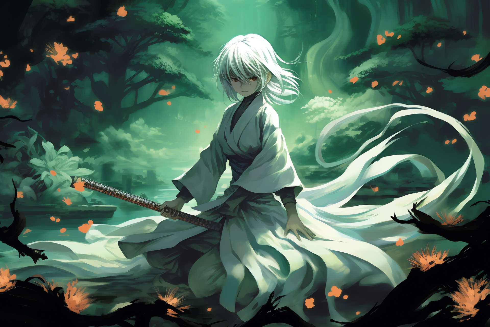 Youmu Konpaku, Phantom blade wielder, Dual-color hair, Nipponese landscape, Ethereal gardener, HD Desktop Wallpaper