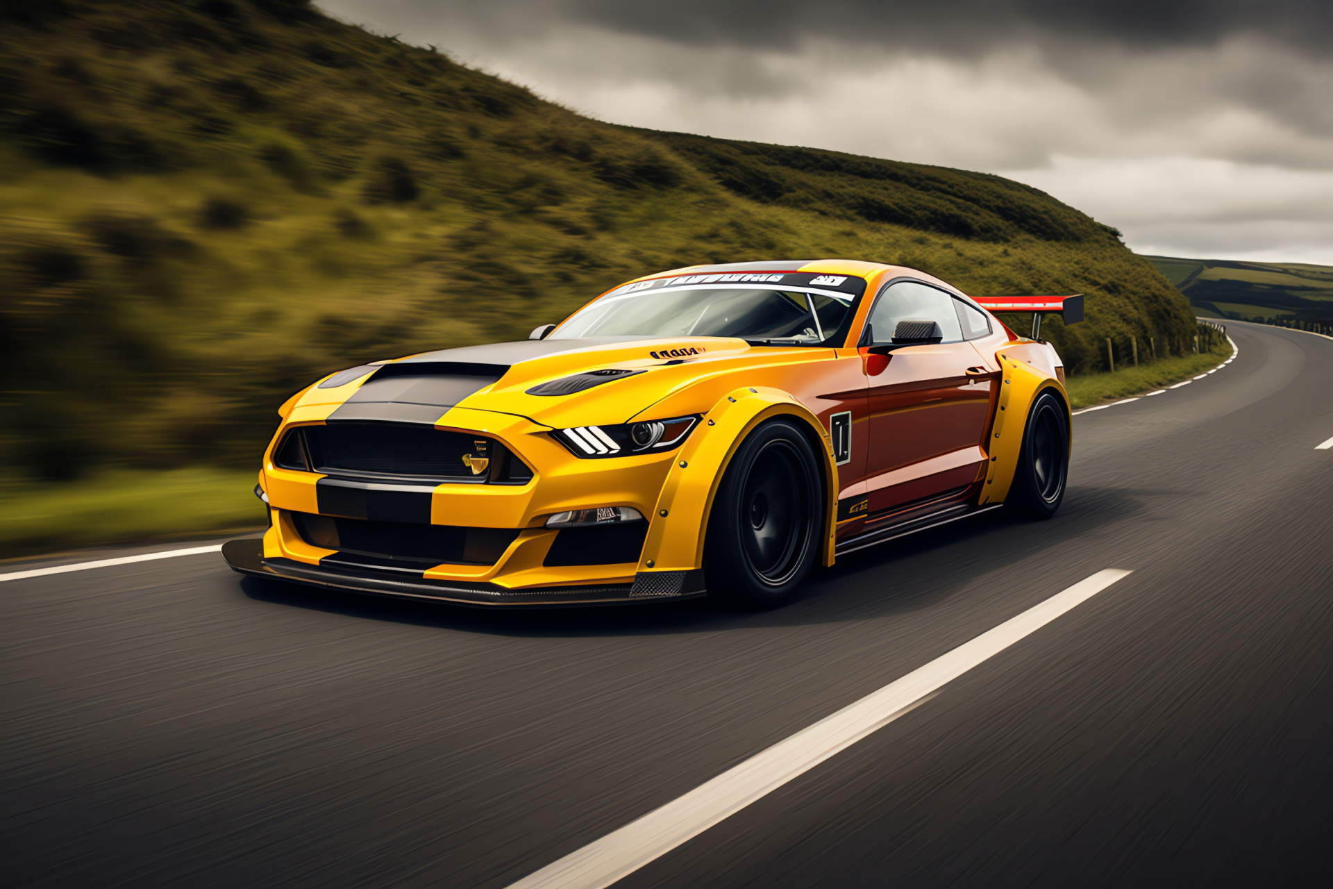 Mustang sports car, Isle of Man, Rocky highlands, Aerodynamic sports model, Aggressive automotive design, HD Desktop Wallpaper