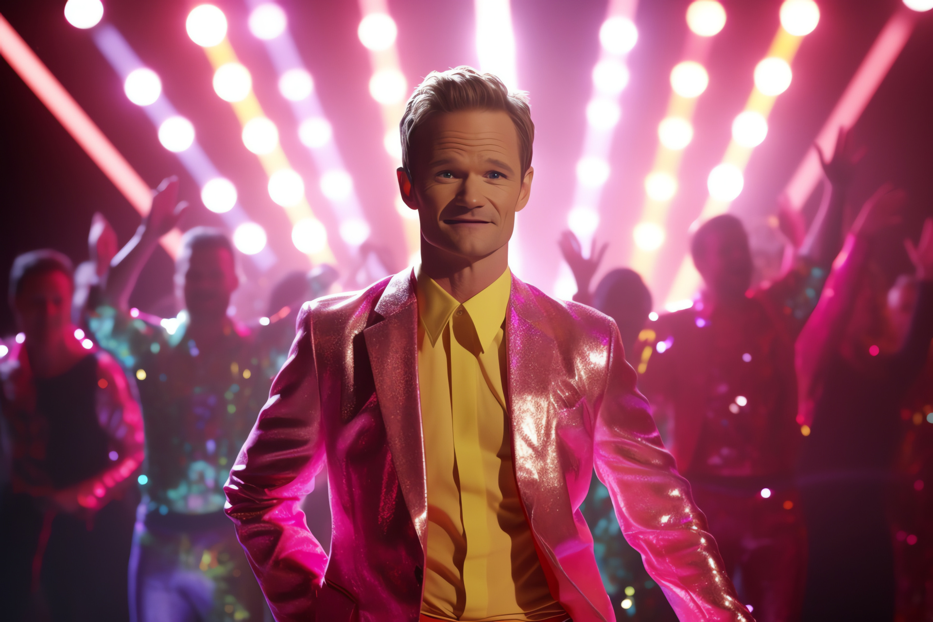 Neil Patrick Harris cameo, Portrayal of Bryan Ryan, Glee series star, Energetic stage presence, Decorative lighting, HD Desktop Image