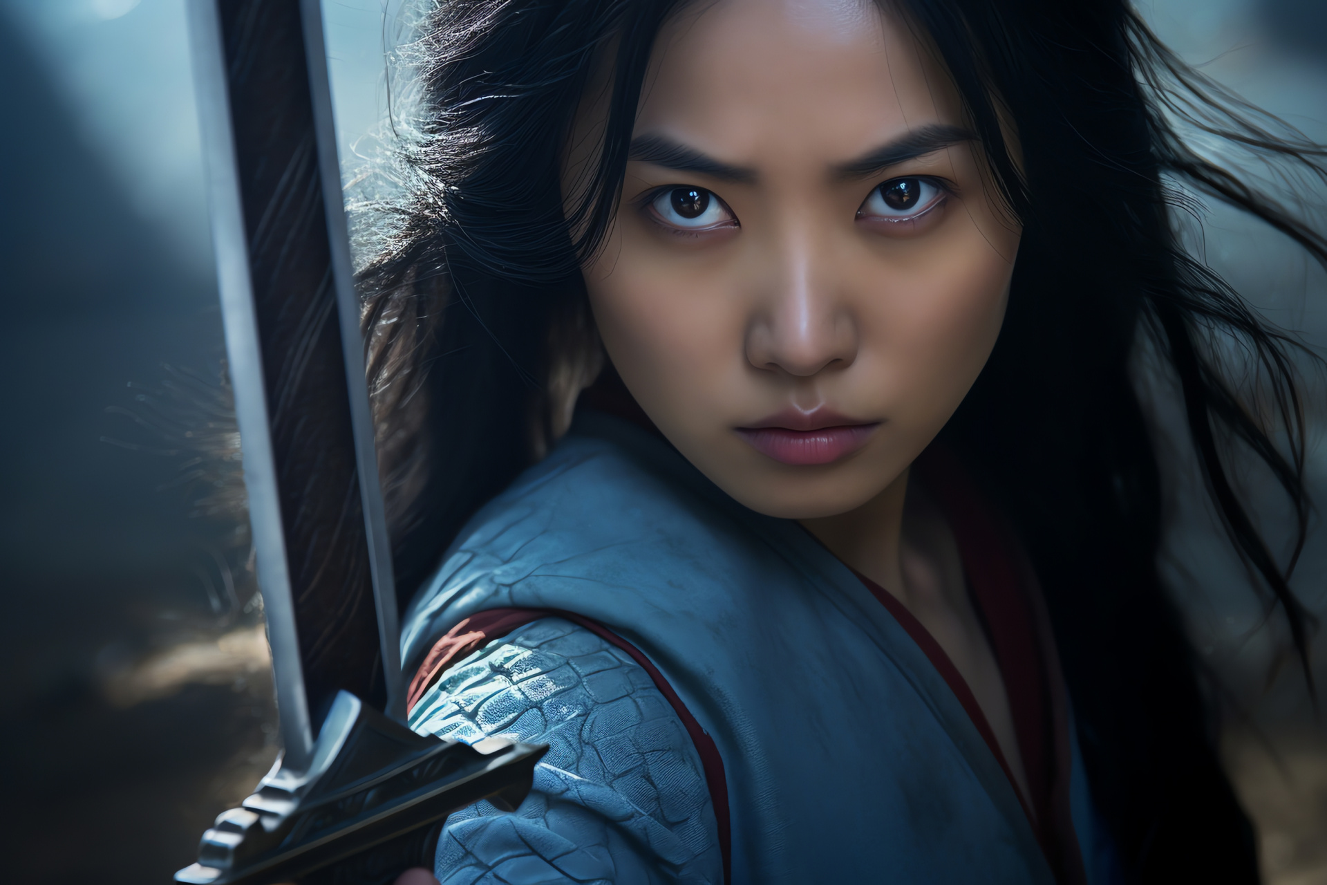 Heroine Mulan, Resolute stance, Swordsmanship symbol, Armored gleam, Eastern sky, HD Desktop Image