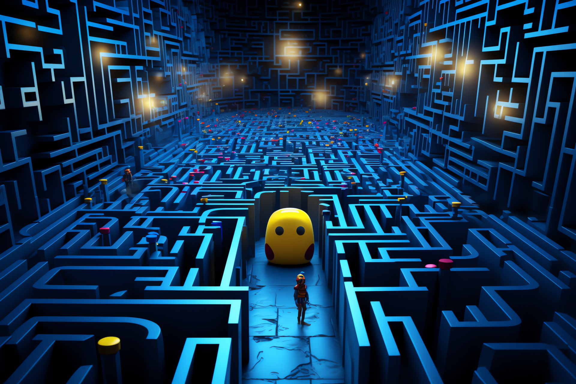 Pacman game icon, Arcade classic character, Pellet-chasing gameplay, Pacworld environment, Nostalgic Pacman design, HD Desktop Wallpaper