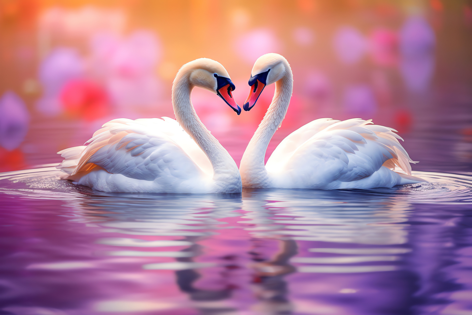 Aquatic birds, paddling swans, tri-chromatic scene, roseate blush, HD Desktop Wallpaper