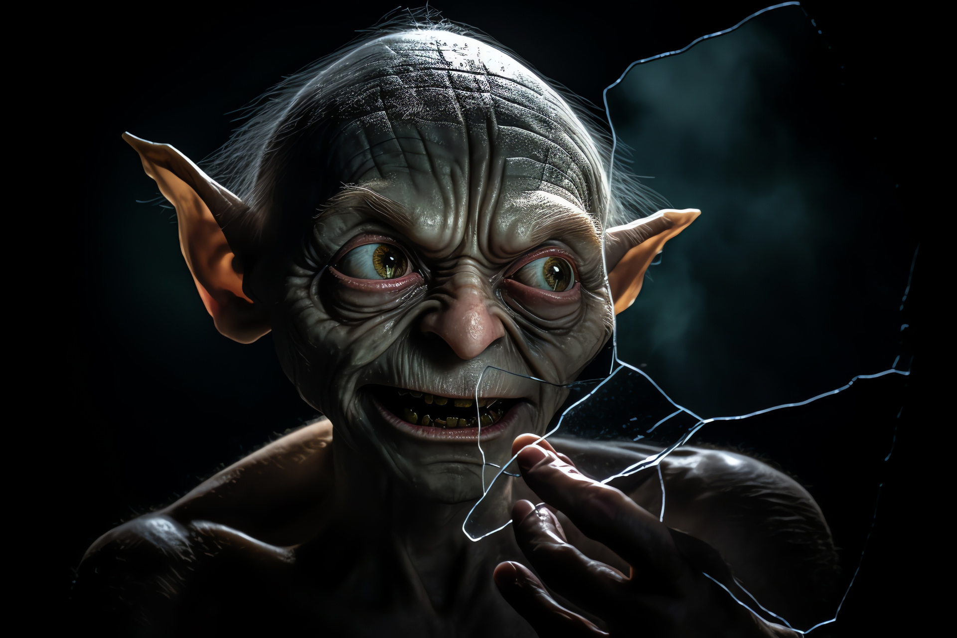 Gollum, contortion, Low illumination, Quivering illumination, Startled gaze, HD Desktop Wallpaper