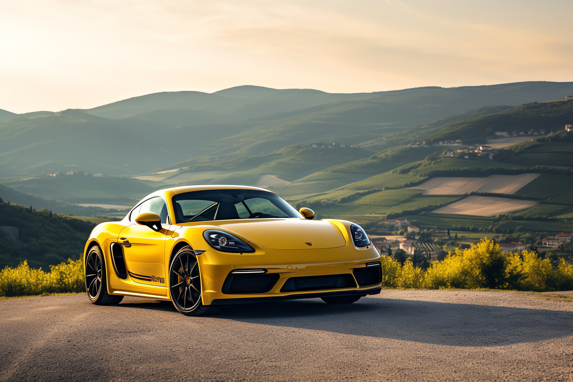 Porsche Cayman GT4 Clubsport, Tuscan countryside, Vineyard setting, Rolling terrain, Racing model, HD Desktop Image