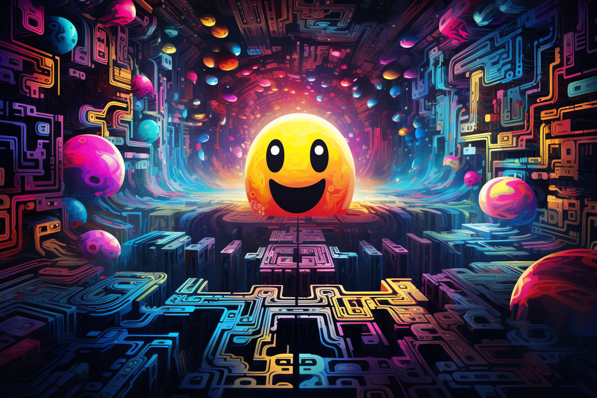 Psychedelic Pacman incarnation, Arcade whimsical pathways, Collectible power-up tokens, Dynamic scene effects, Energetic visual burst, HD Desktop Wallpaper