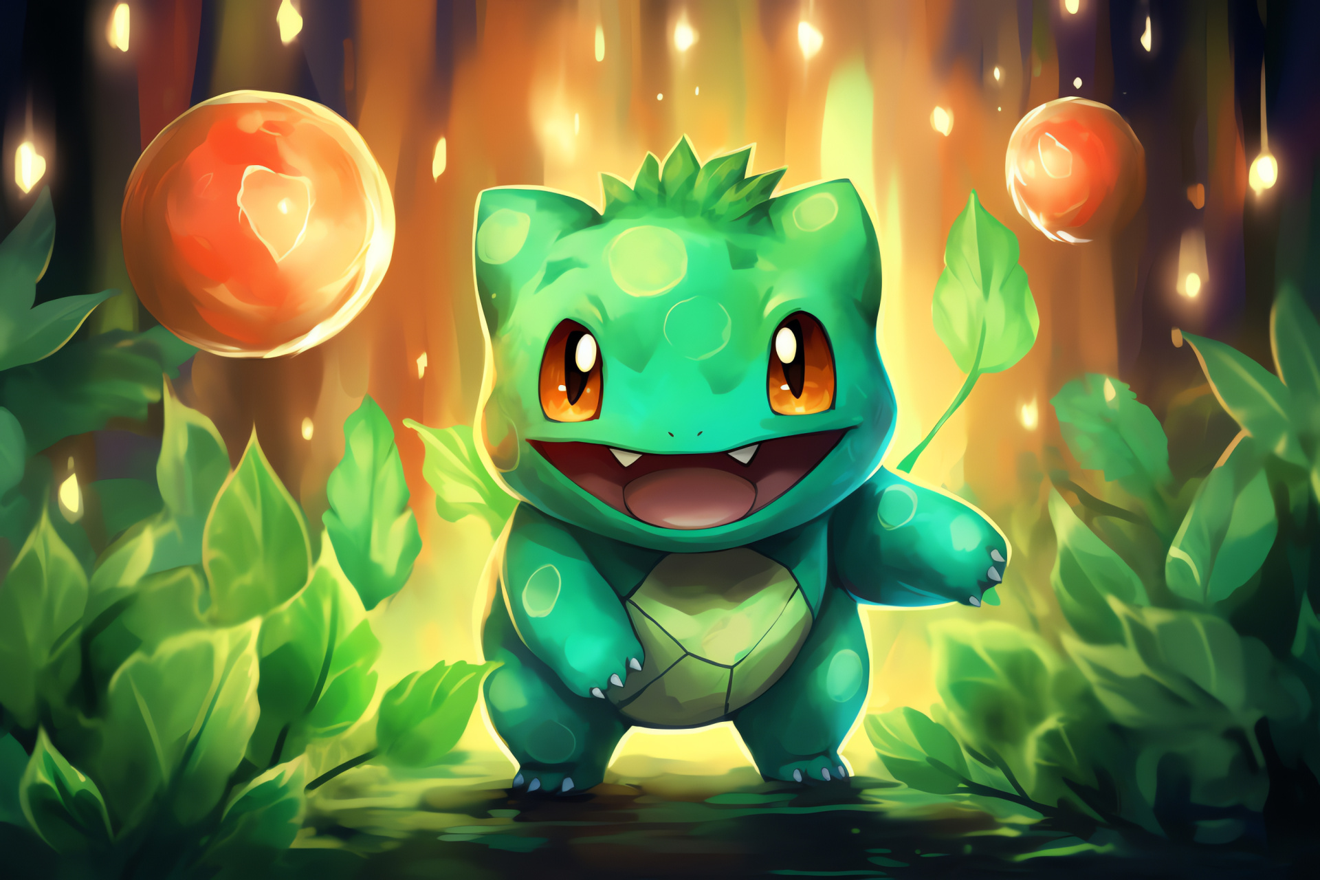 Bulbasaur depiction, Grass contender, Toxic fighter, Botanical growth, Amiable creature, HD Desktop Image