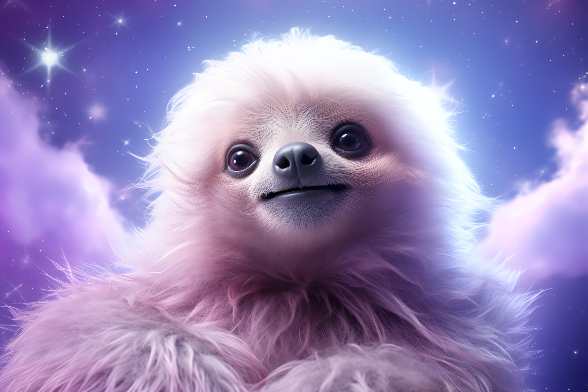 Sloth space rendition, Soft lavender hues, Pale violet eyes, Fluffy silhouette, Vast cosmic void, HD Desktop Image