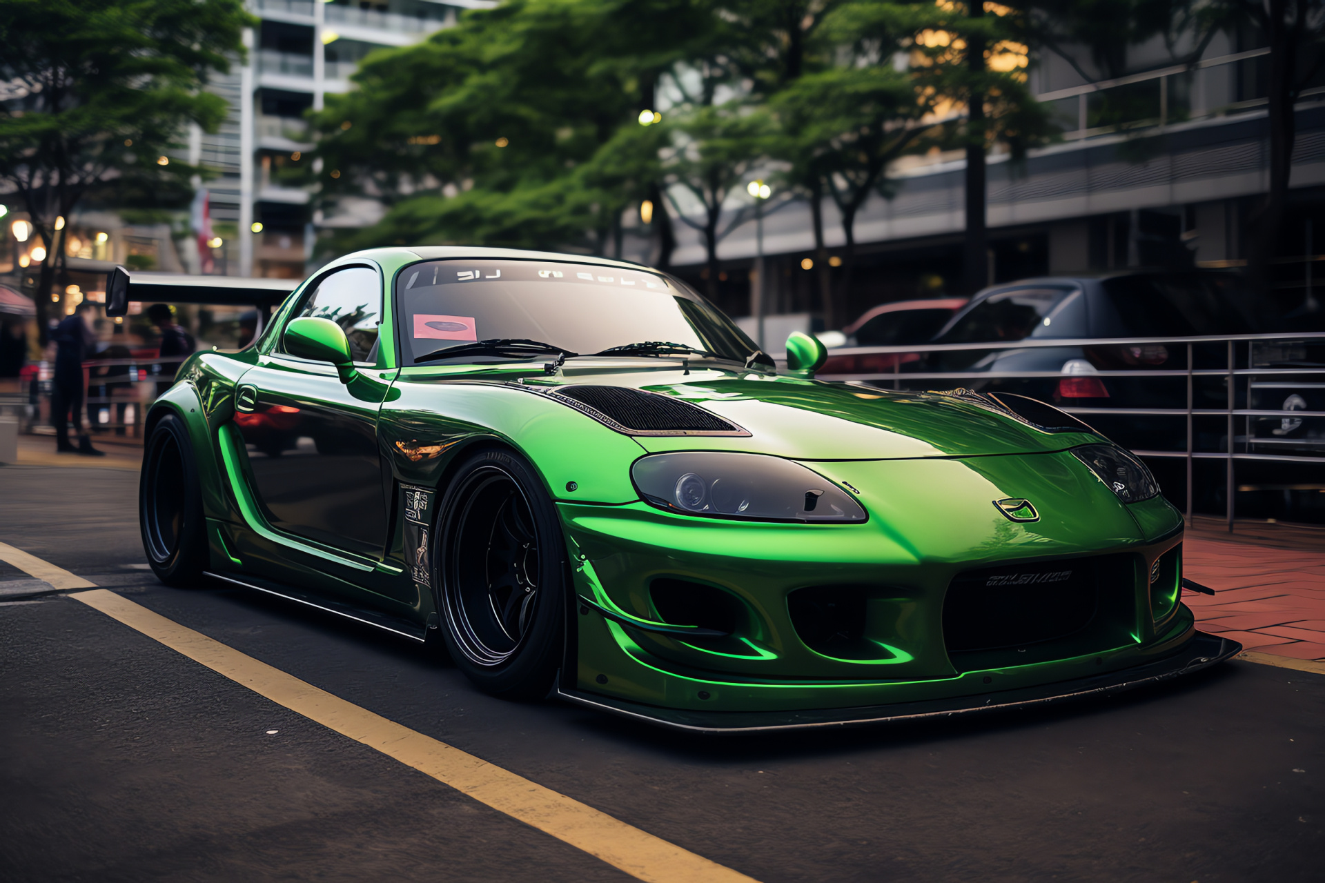 Veilside tuned RX-7, Tokyo drift culture, Luminous green exterior, High-spec aftermarket parts, Urban nighttime setting, HD Desktop Image