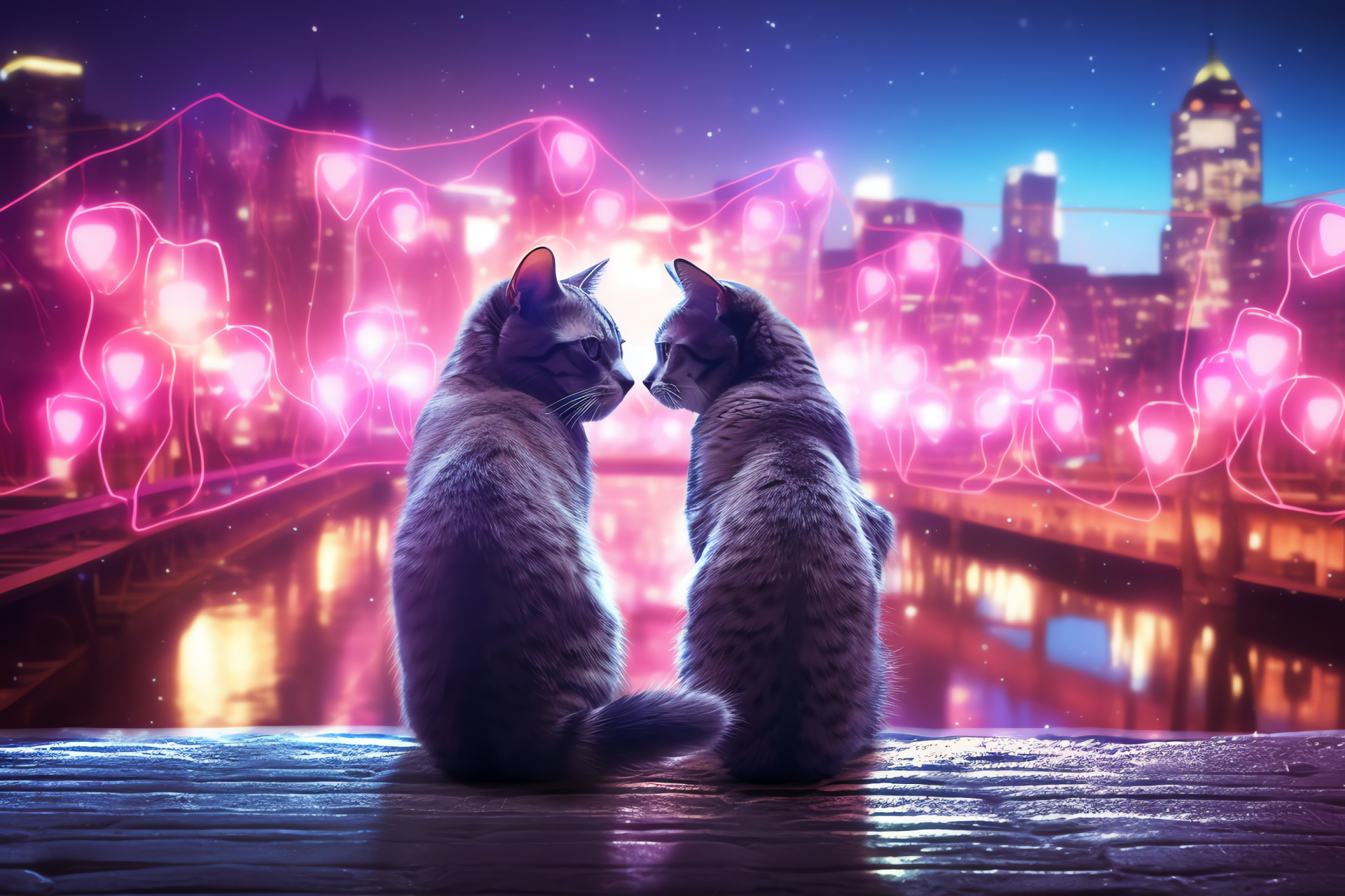 Urban Valentine's felines, cat couple against skyline, evening ambient lighting, metropolitan romantic scene, dim city glow, HD Desktop Wallpaper